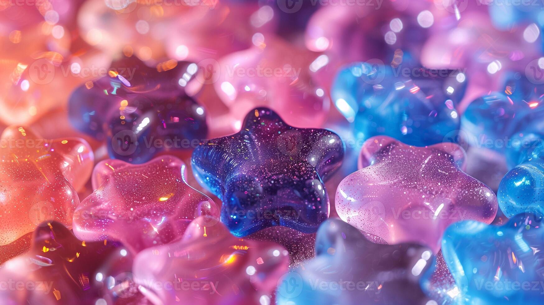 Glossy fruit chewing candies of star shapes closeup image. Organic marmalade bonbons in confectionery shop close up photography. Healthy gummy snacks concept photo realistic