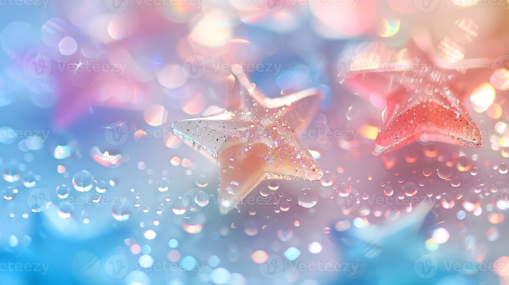 Elegant stars with shiny glitter and water drops closeup image. Transparent decorative details for craft close up photography. Glass geometric shapes beauty concept photo realistic