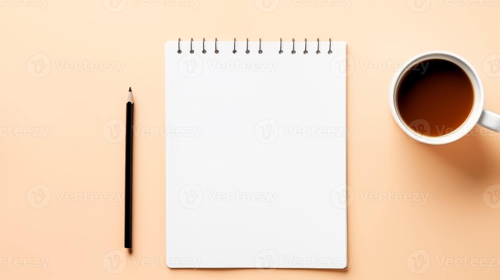 Minimalist workspace with coffee and notepad mockup on peach background. Coffeecup, pencil, paper template advertising image. Writing, planning, creativity mock up product photorealistic photo