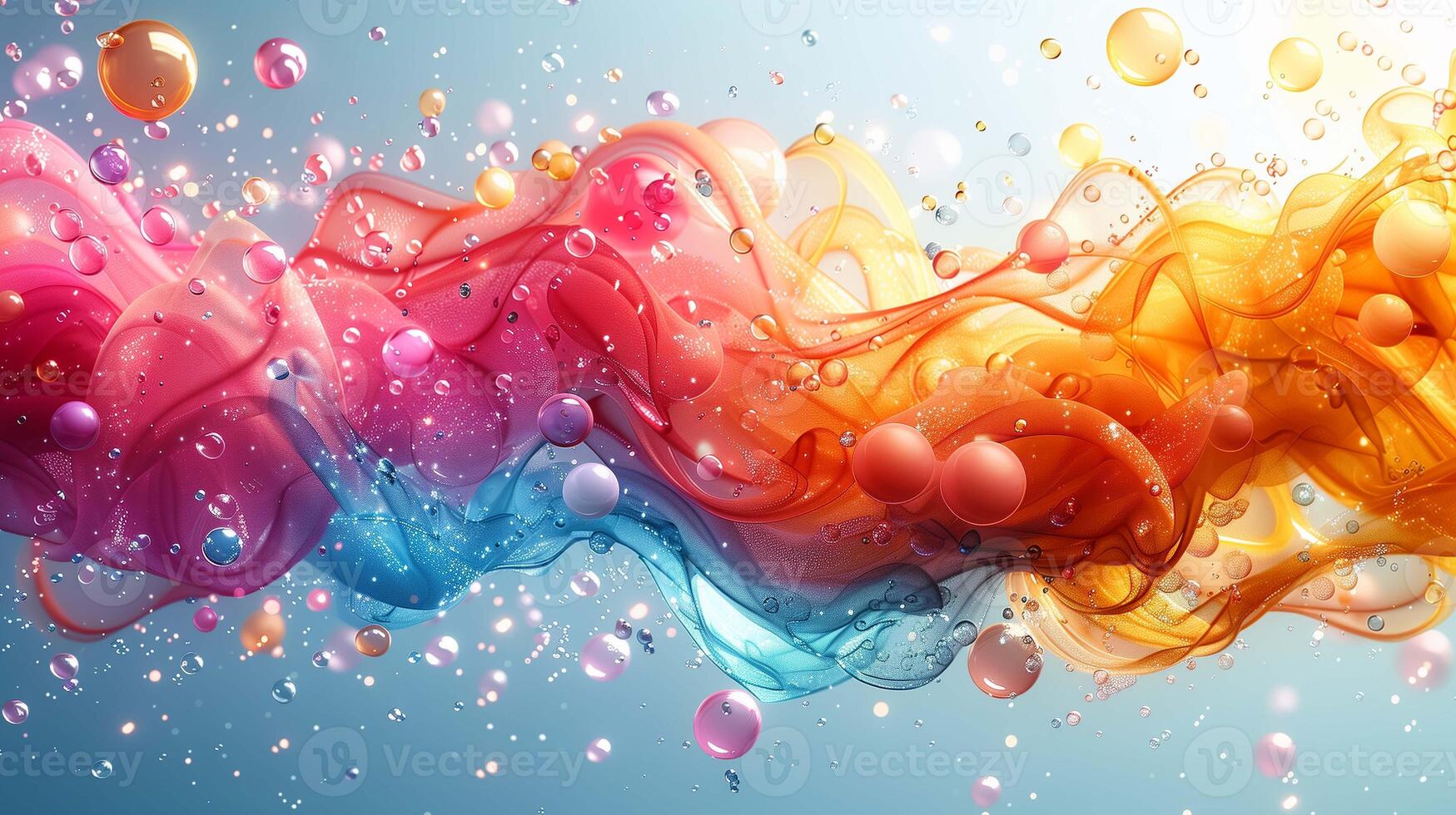 Explosion of fluid paint with air bubbles 3d rendering image. Swirling gradient flow with drops background wallpaper colorful realistic. Creativity expression concept idea photo