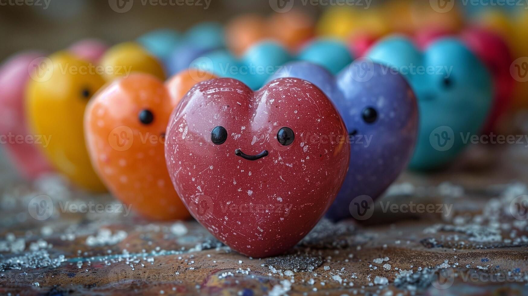 Heart dragees with happy faces on wooden table closeup image. Funny candies for valentine day celebration close up photography. Affectionate relationship concept photo realistic