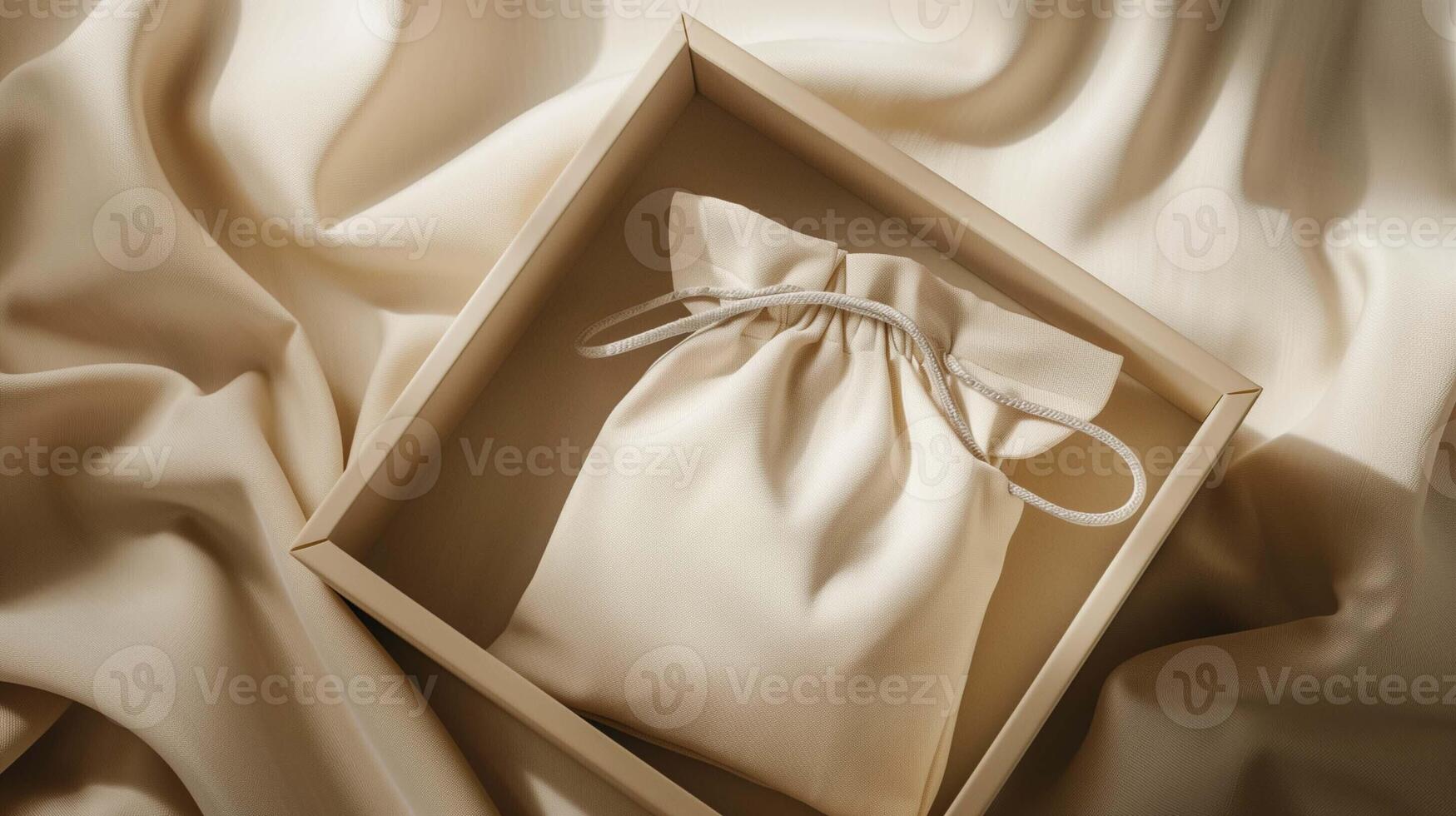 Simple drawstring bag mockup rests inside minimalist beige box. Calm simplicity. Smooth fabric giftbox template advertising image. Sustainable packaging mock up product photorealistic photo