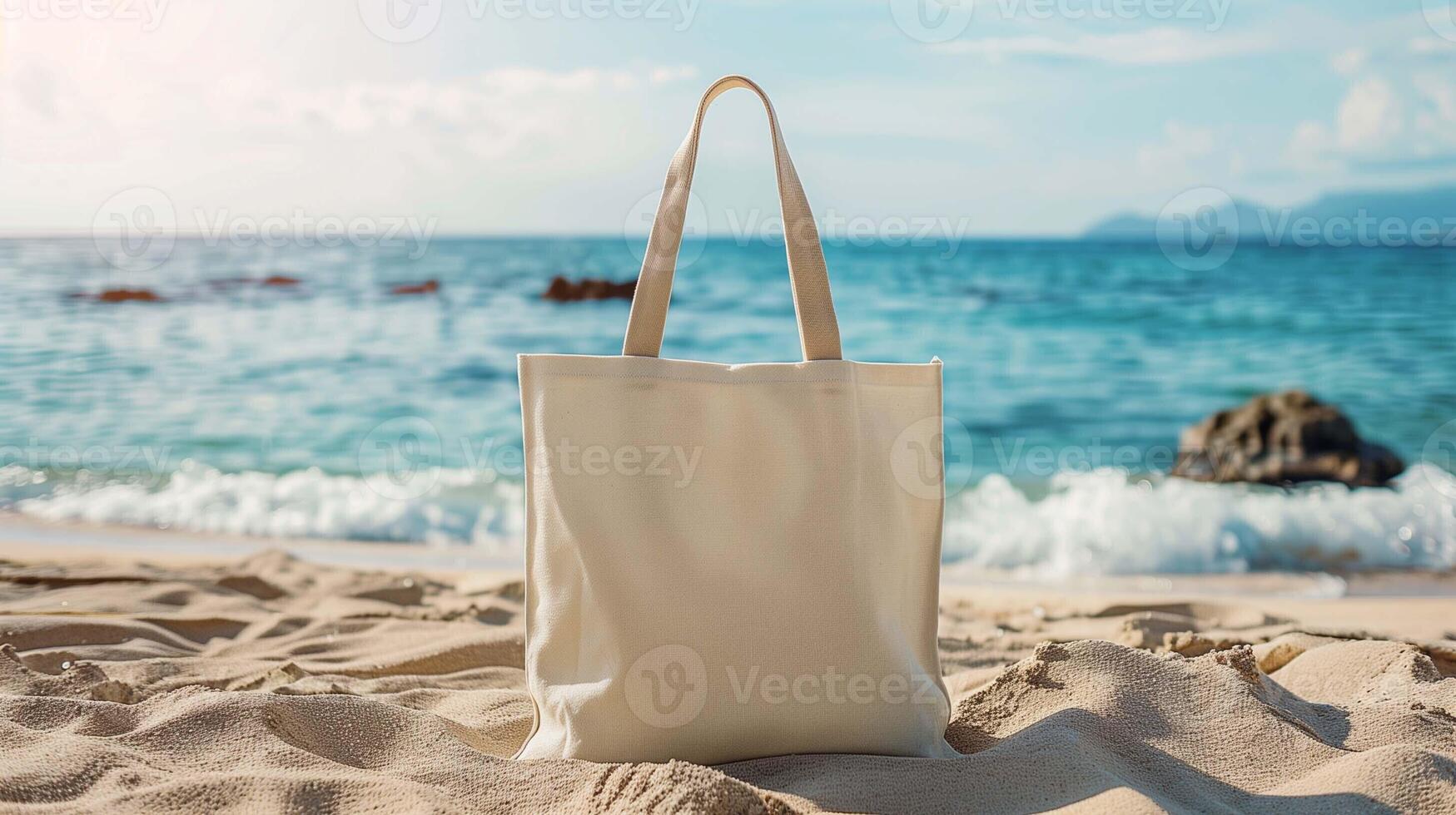 Canvas tote bag mockup on sandy beach with ocean waves, photo