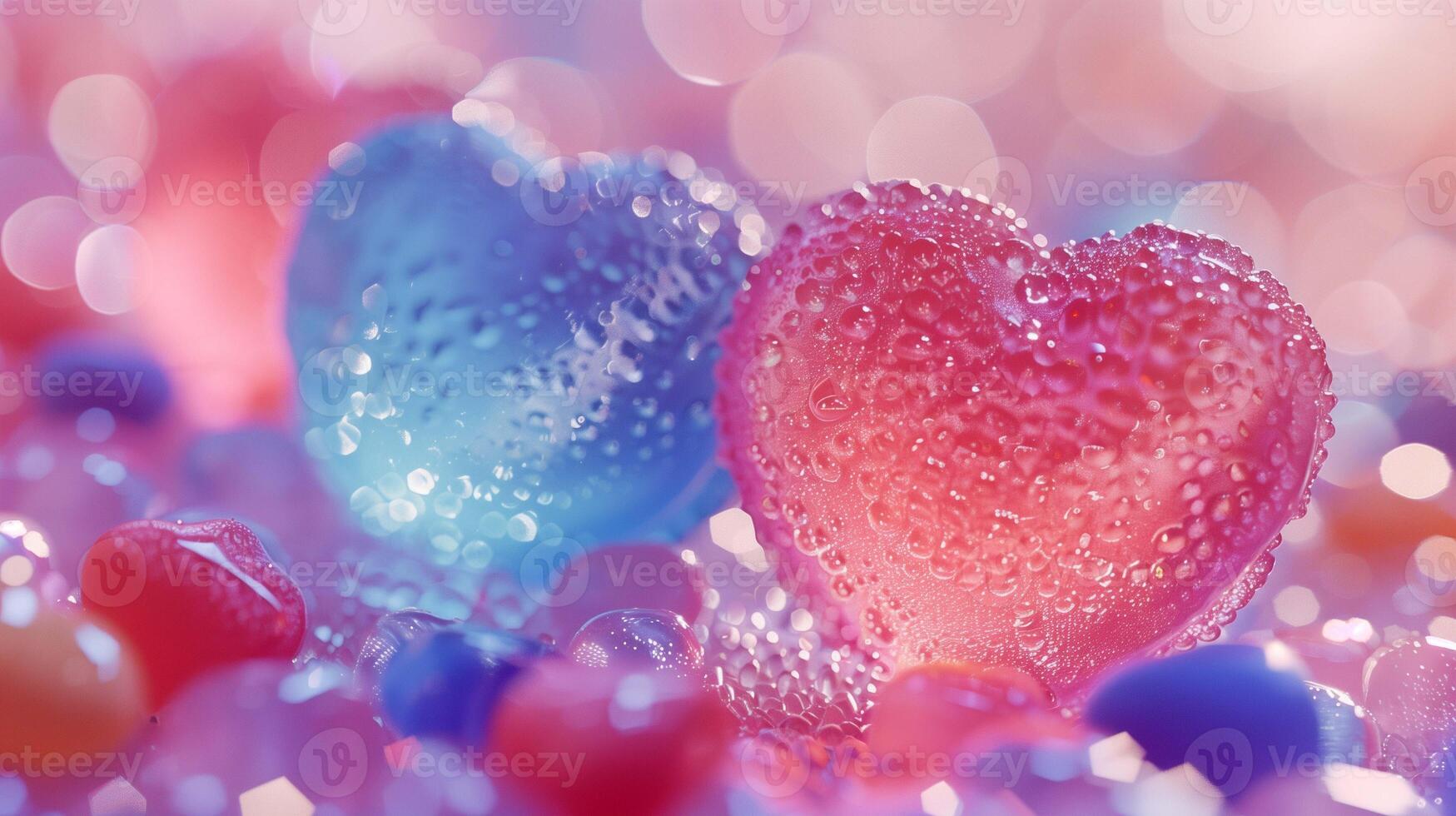 Couple of blue and pink heart candies image copy space. Love feeling metaphor with bonbons banner background blurred. Romantic relationship and affection concept photography copyspace photo