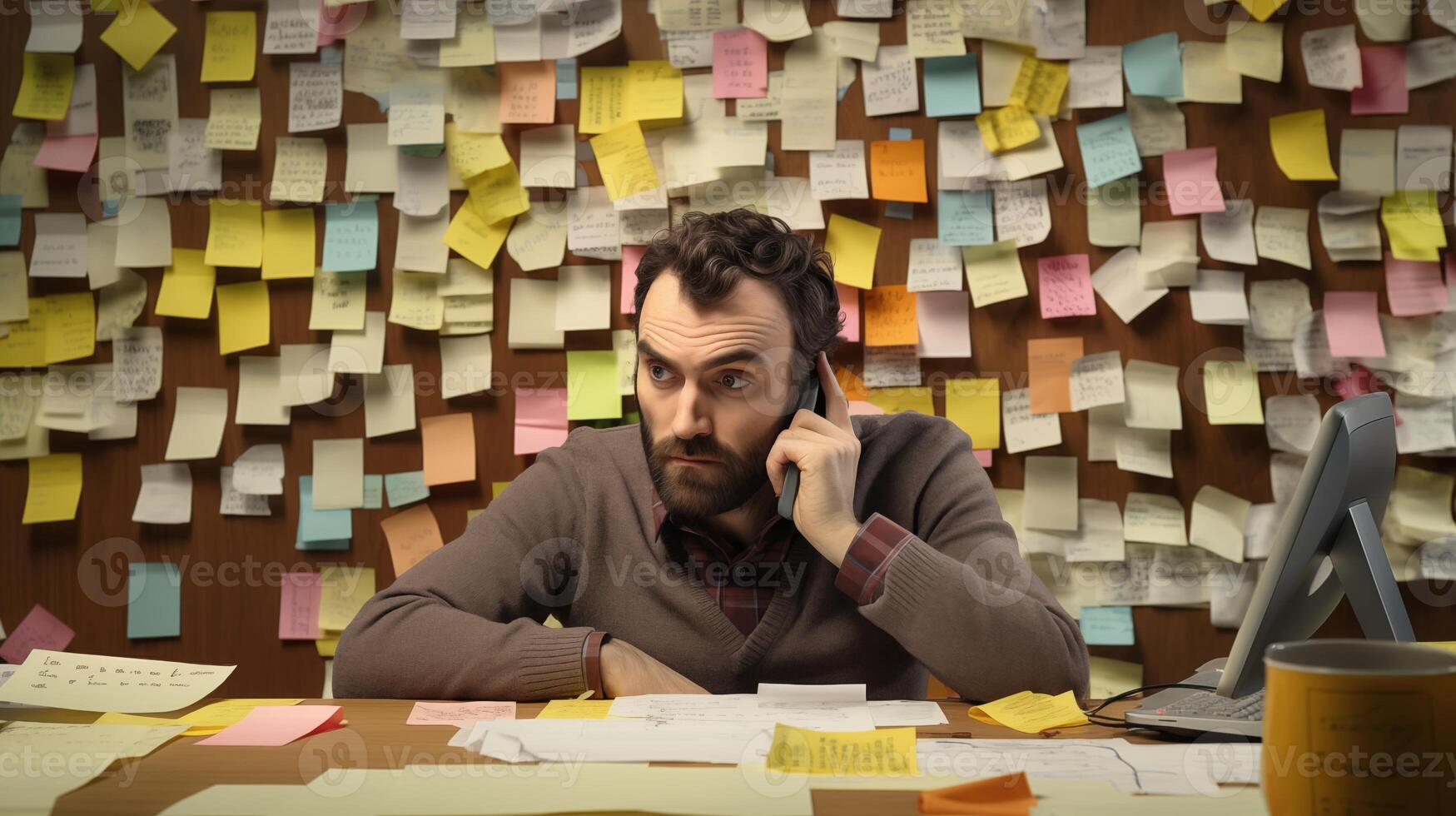 Frustrated bearded man on phone surrounded by sticky notes image. Stressed worker business deadline photography scene. Note organization. Work stress concept photorealistic photo