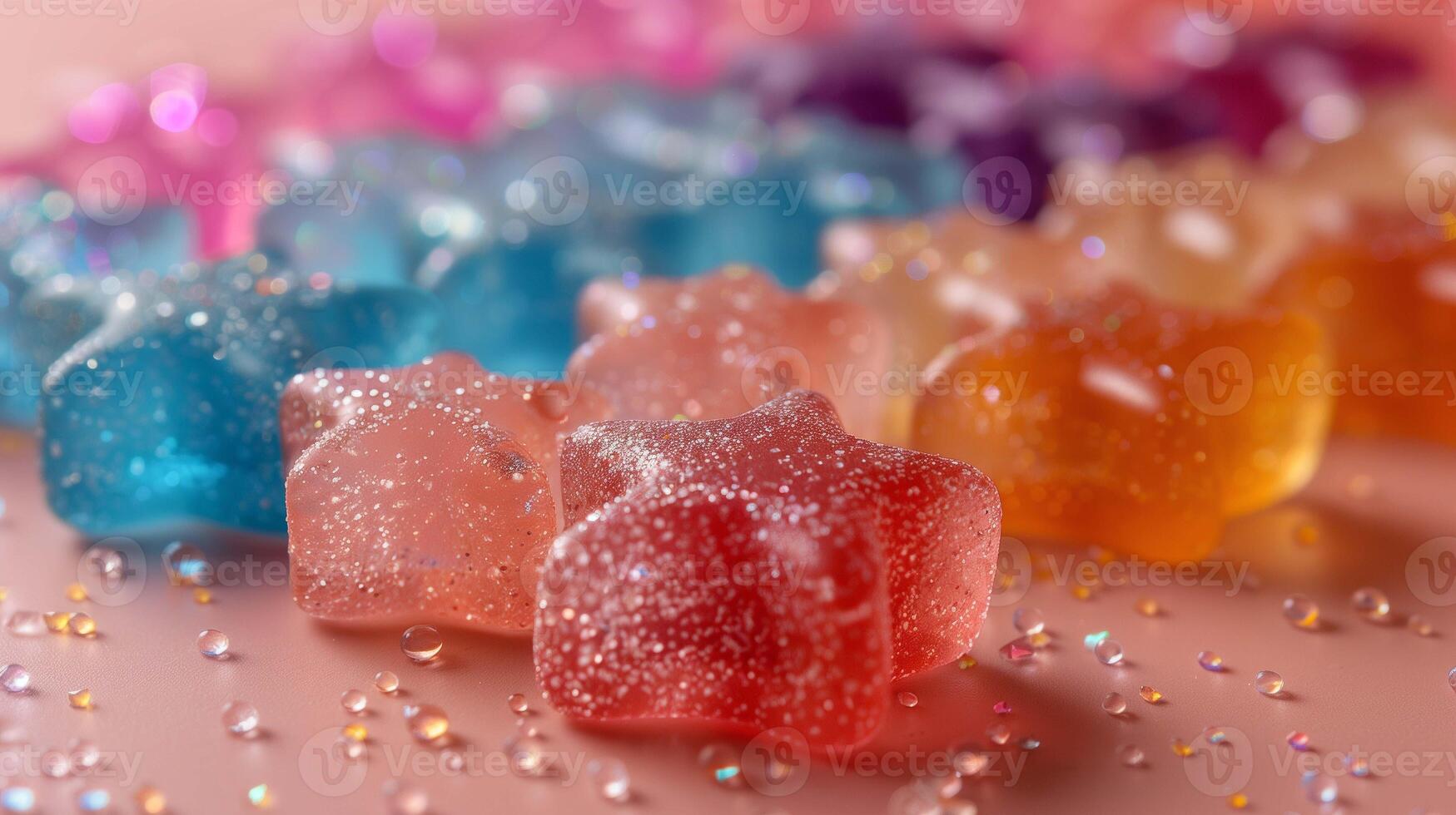 Star shaped jelly candies decorated with shiny glitter closeup image. Displayed gummy bonbons of various tastes close up photography. Healthy confectionery concept photo realistic