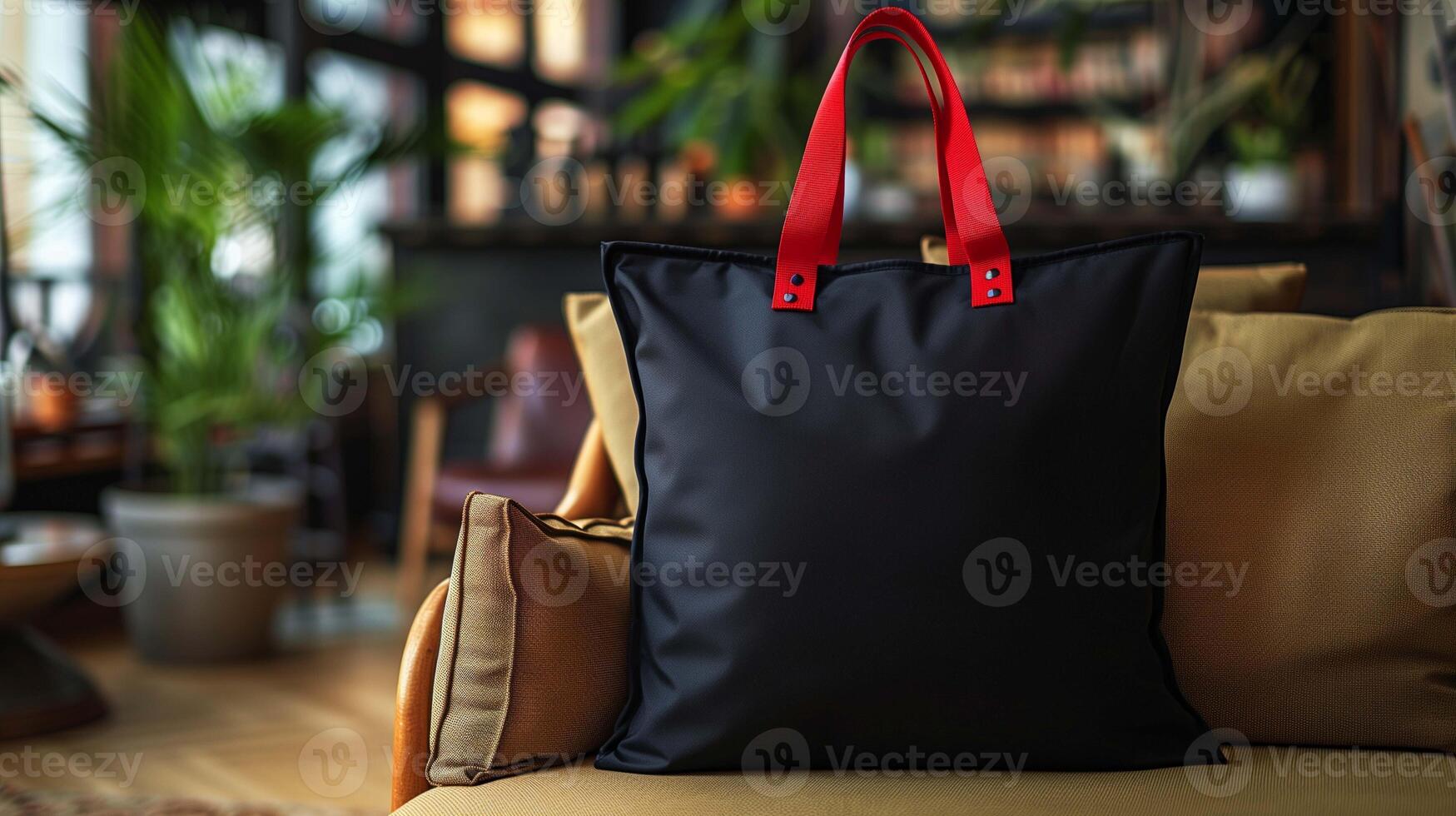 Black tote bag mockup with red handles on elegant sofa. Mustard-colored couch in stylish plants living room totebag template advertising image. Contemporary shopper mock up photo