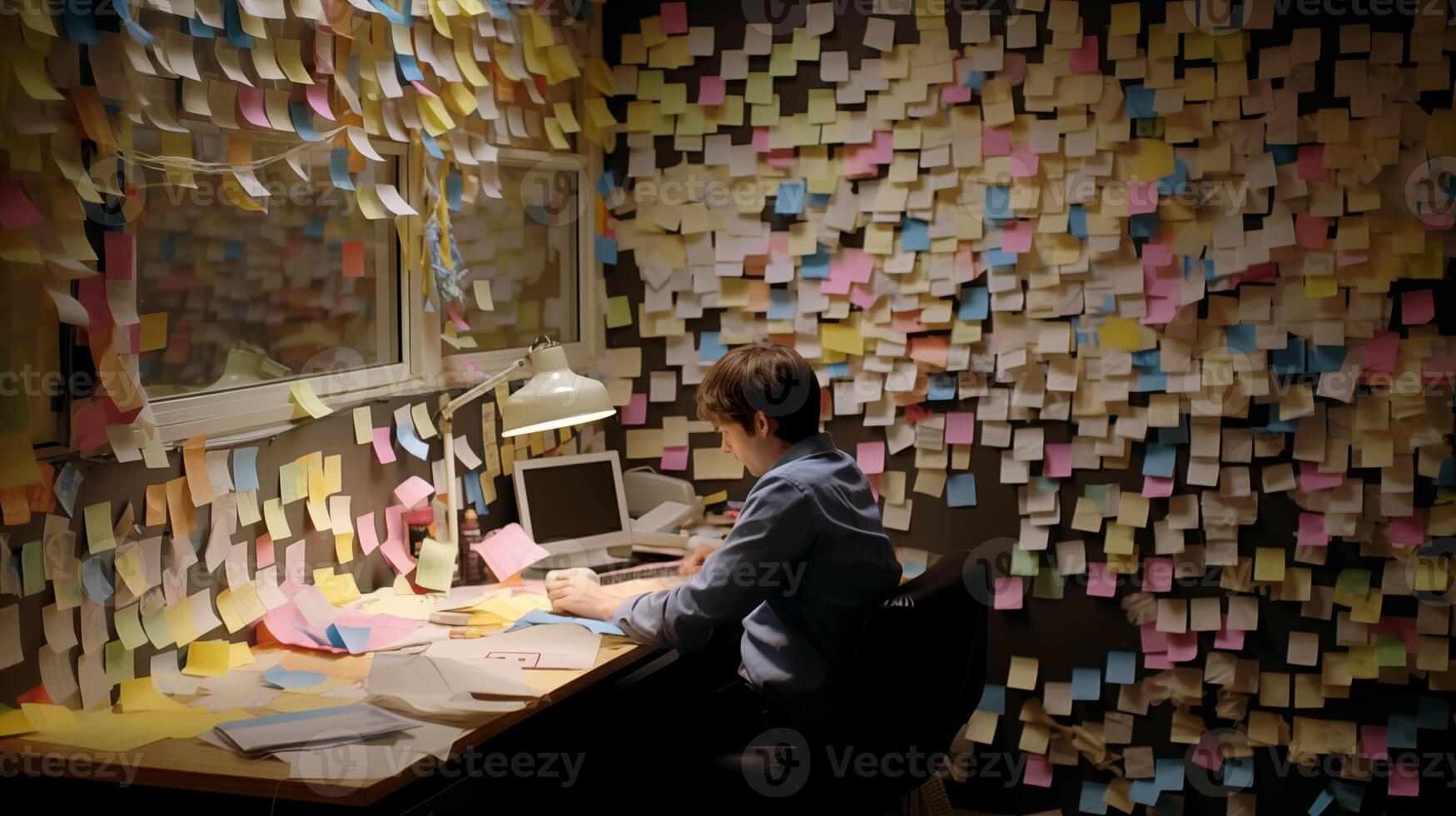 Office worker sits at desk in room covered wall-to-wall with sticky notes image. Cluttered workspace photography scene wallpaper. Overwhelming workload concept photorealistic photo