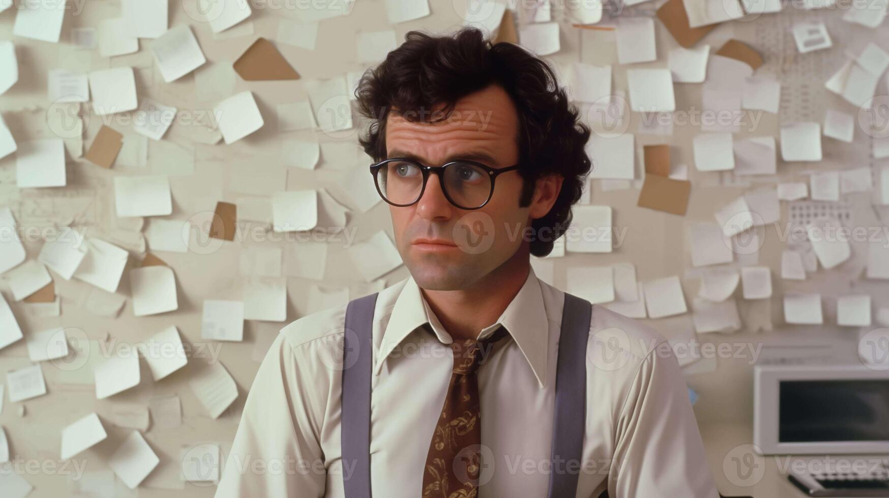 Thoughtful professional with sticky notes background image. Man in glasses and office attire against post-it notes photography scene wallpaper. Brainstorming concept photorealistic photo
