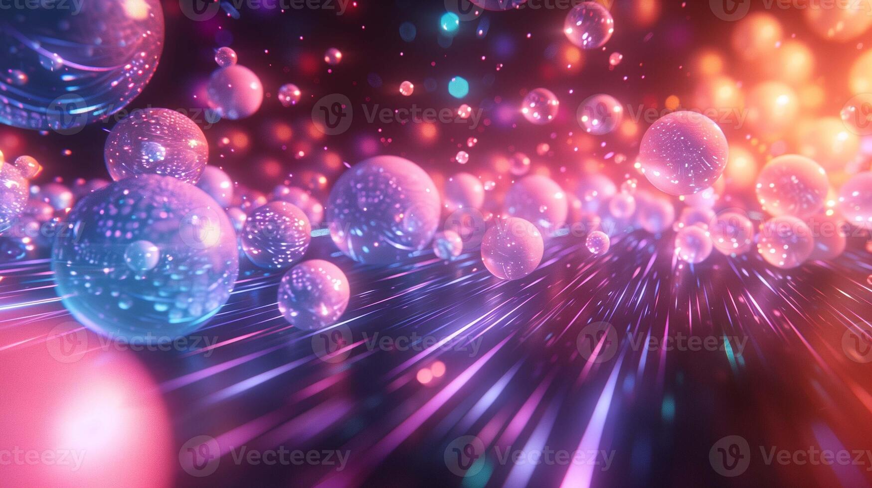 Shiny spheres and streaks of vibrant light 3d rendering image. Futuristic outer space scene background wallpaper colorful realistic. Motion thought cosmos fantasy concept idea photo