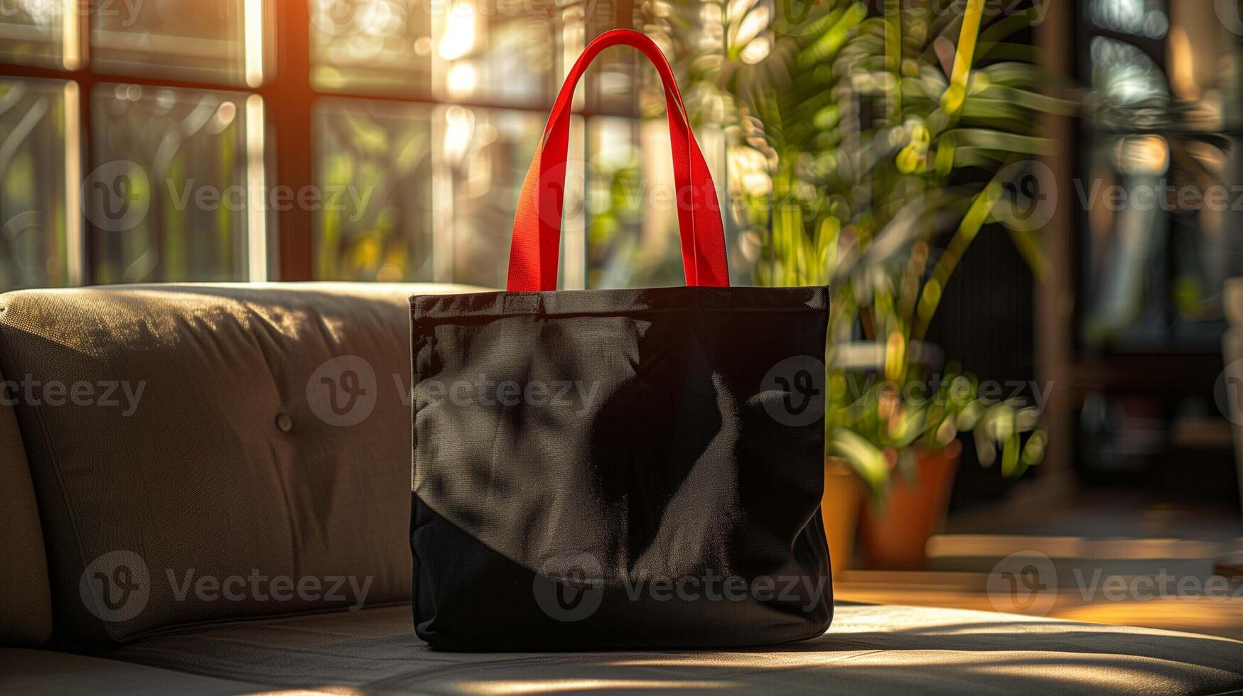 Black tote bag mockup with red handles in warm sunlight modern interior, photo
