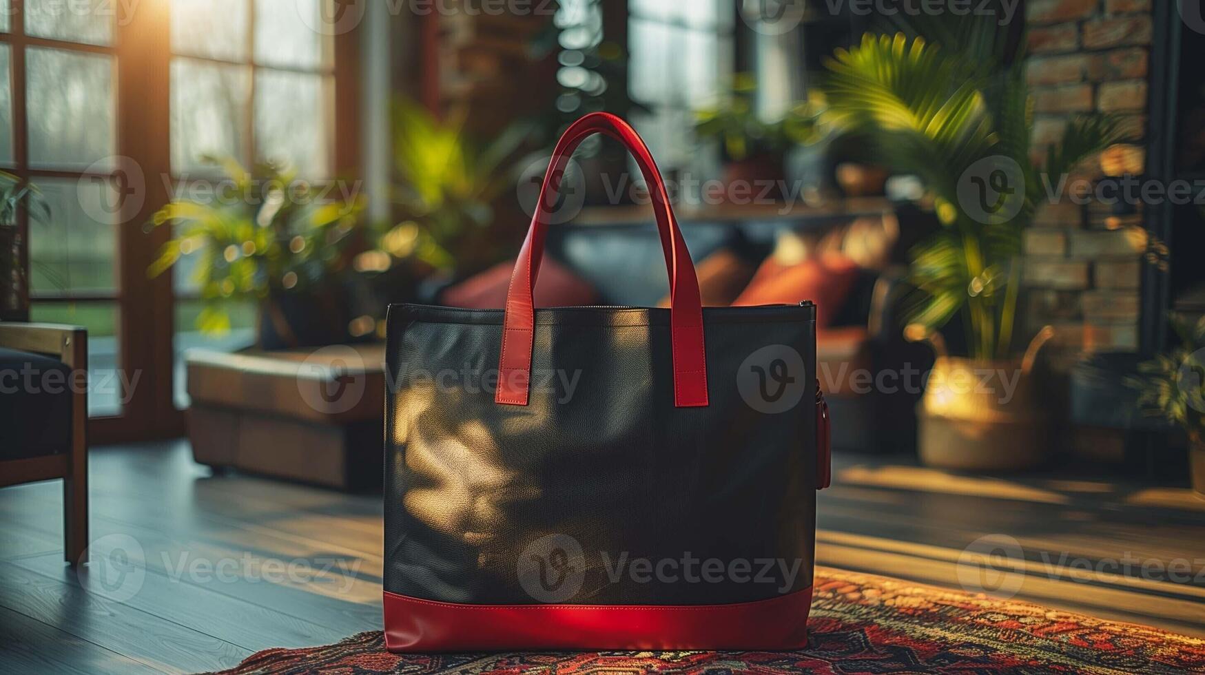 Black leather tote bag mockup with red accents stands in sunlit room. Cozy modern interior totebag template advertising image. Natural light and stylish shopper mock up photorealistic photo