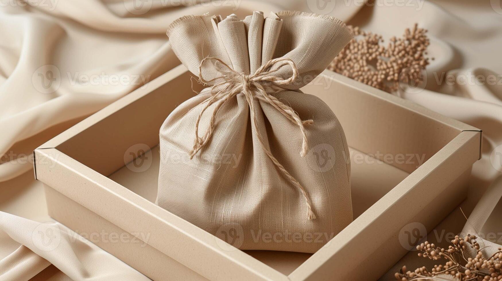 Rustic linen pouch mockup tied with twine rests in minimalist box. Fabric and dried floral accents sack bag template advertising image. Sustainable package mock up product photorealistic photo