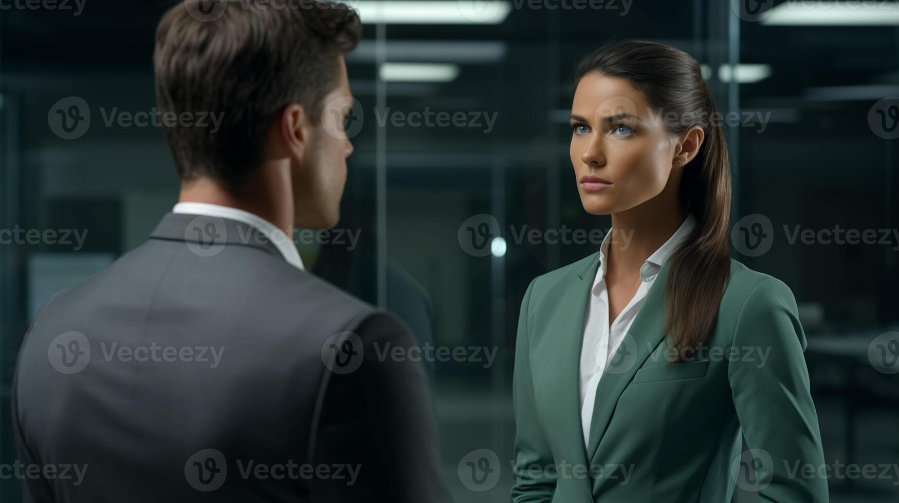 Serious business discussion between professionals image. Caucasian man and woman in modern office photography scene wallpaper. Corporate communication concept photorealistic photo
