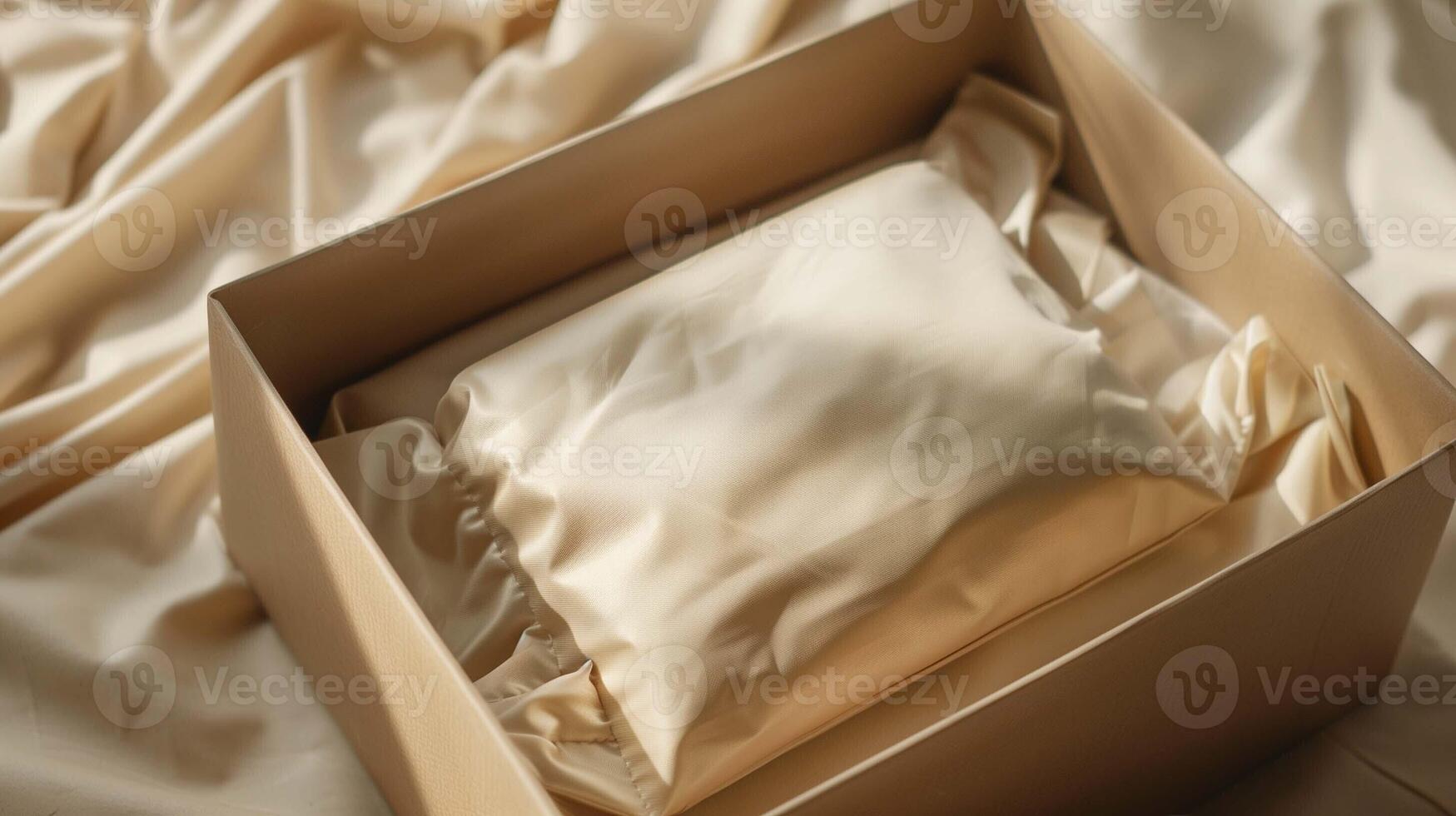 Soft beige drawstring pouch mockup in kraft box. Smooth fabric serene minimalist gift presentation template advertising image. Sustainable packaging mock up product photorealistic photo