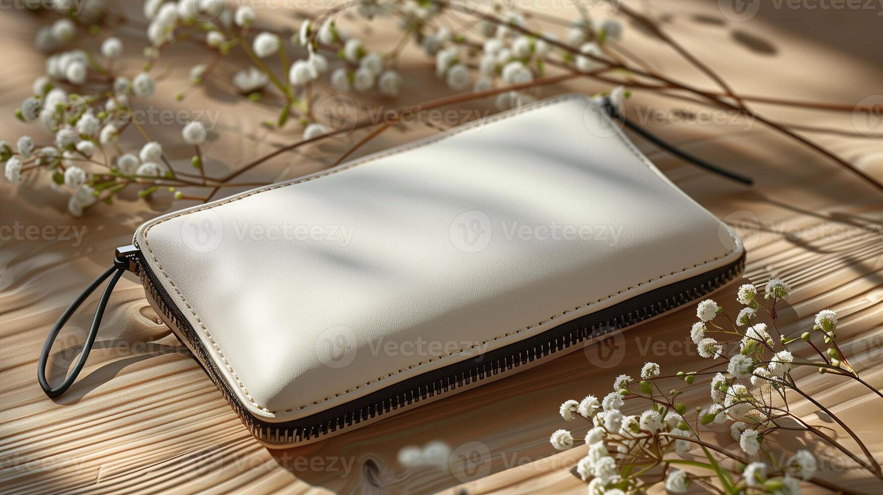 Elegant leather wallet mockup on wooden surface small white flowers. Soft lighting and shadows. Accessory pouch template advertising image. Makeup purse mock up product photorealistic photo