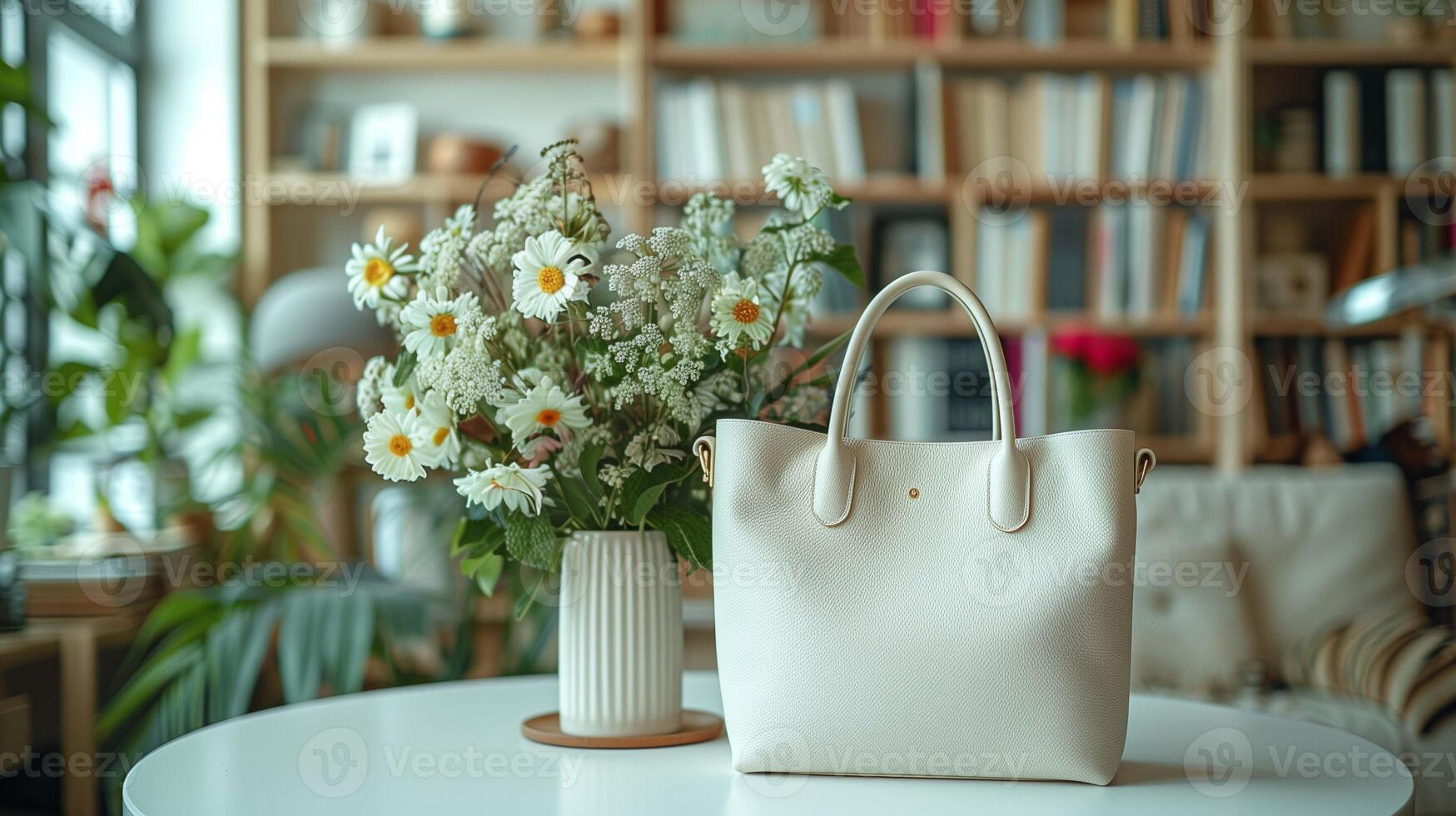 Chic white handbag mockup displayed on table next to fresh daisies vase. Cozy room with bookshelf. Luxury bag template advertising image. Fashion accessory mock up product photorealistic photo