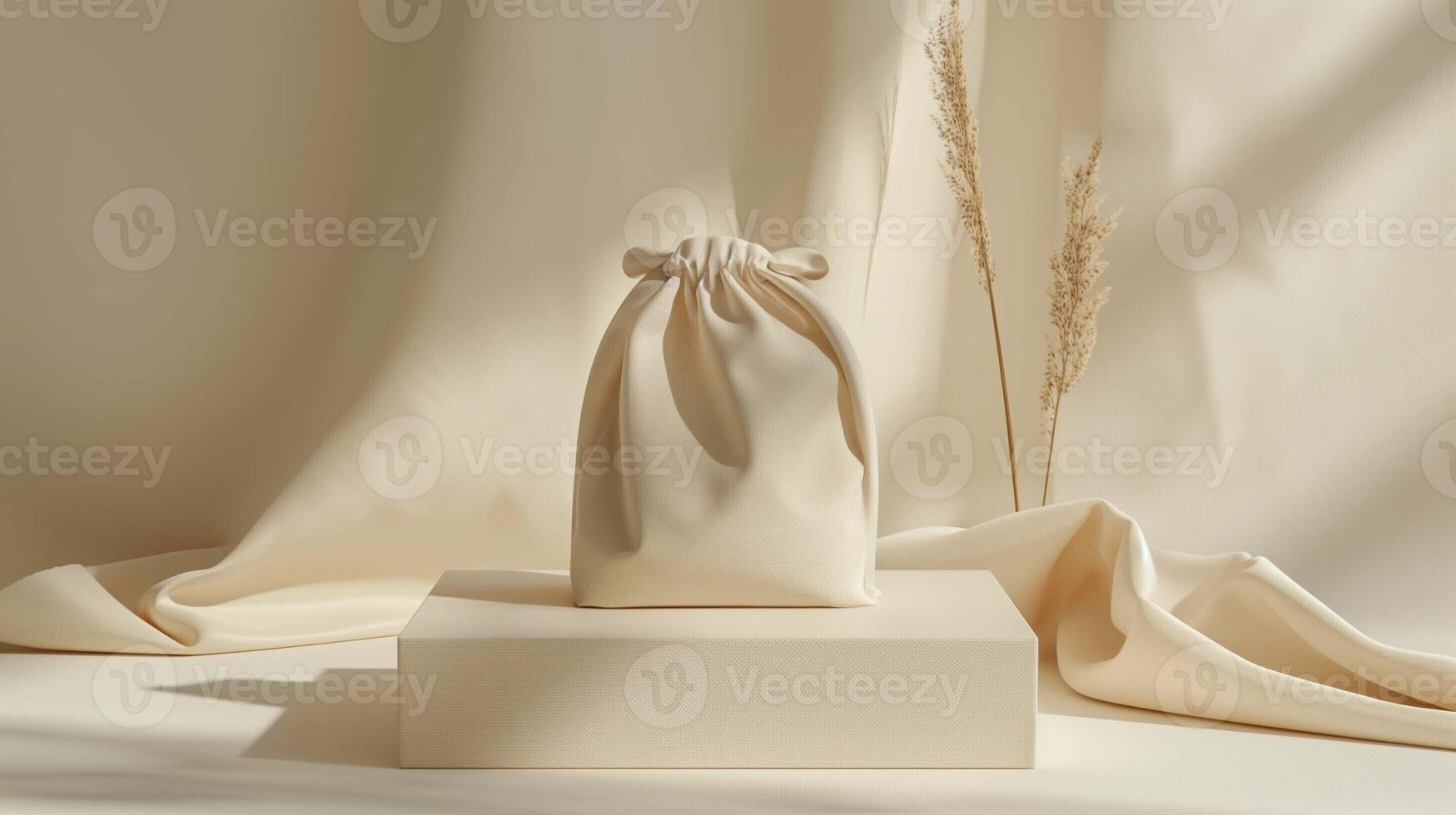 Minimalist beige drawstring bag mockup on elevated platform pampas grass. Soft fabric serene aesthetic template advertising image. Sustainable packaging mock up product photorealistic photo