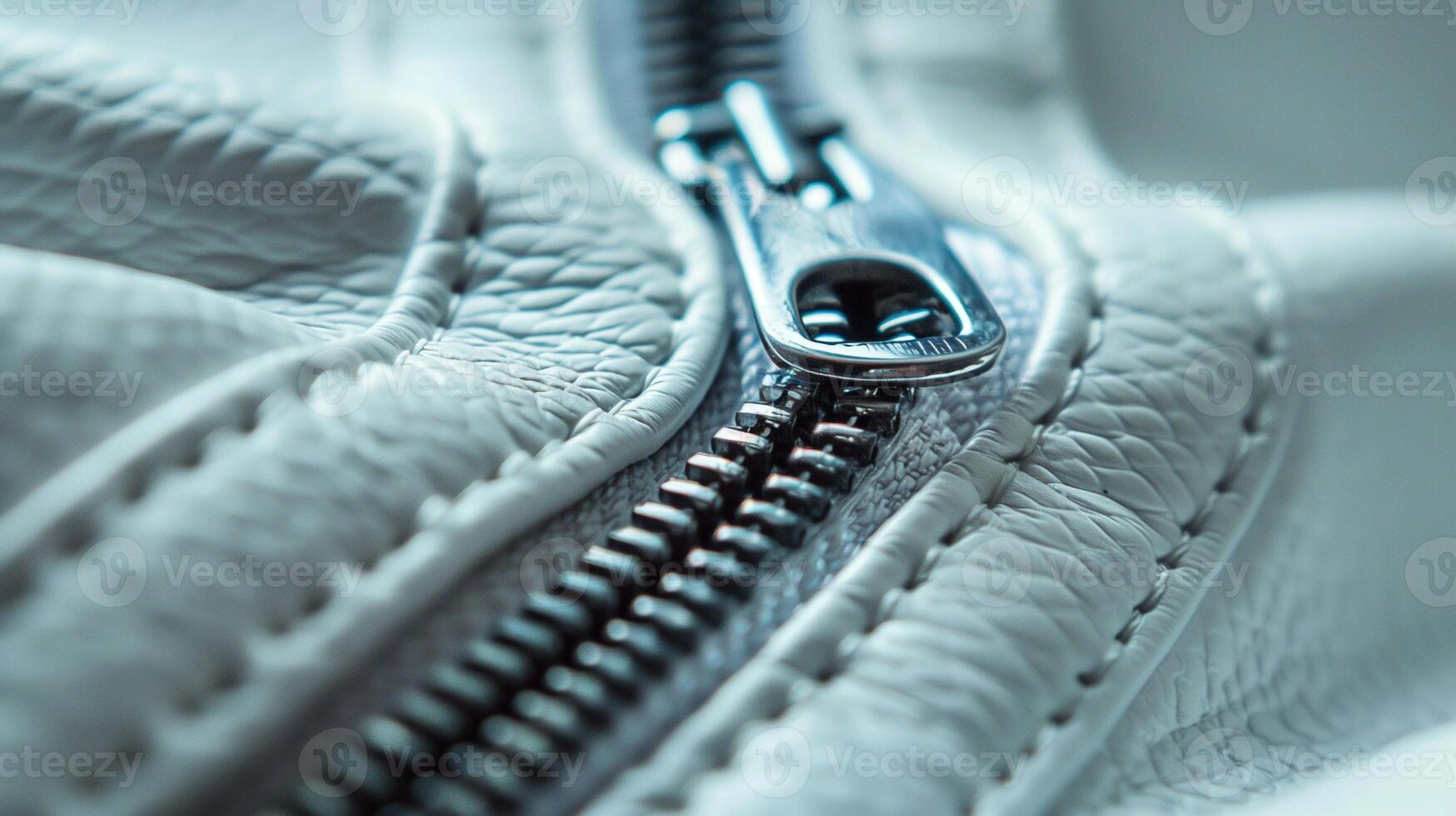 Sleek metallic zipper embedded in textured leather material closeup image. Modern accessory fashion close up photography. Zipper teeth. Leather craftsmanship concept photo realistic