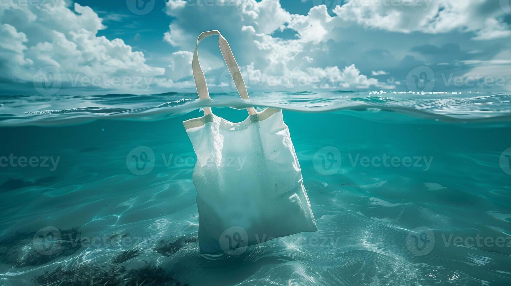 Canvas tote bag mockup floating in crystal clear ocean water. Reusable totebag template advertising image. Tranquil seascape, bright clouds. Eco friendly zero waste material mock up photo