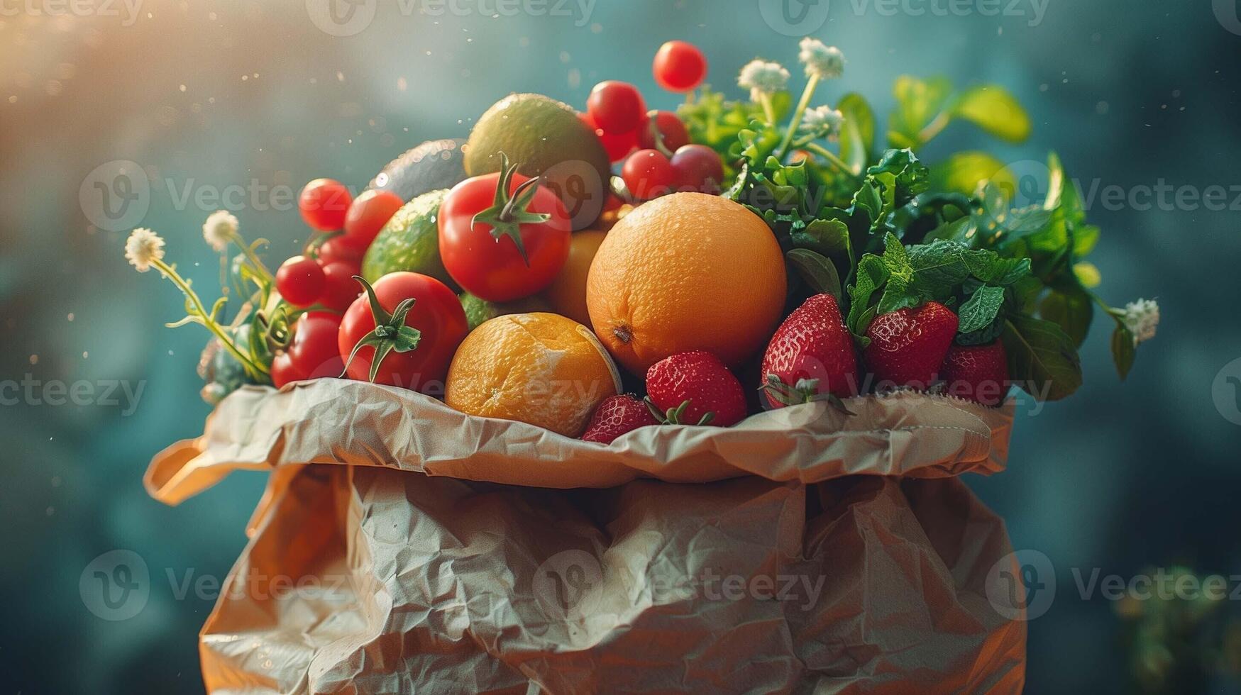 Paper bag overflowing with fresh fruits vegetables closeup image. Oranges, strawberries, tomatoes, leafy greens close up photography. Natural and organic market concept photo realistic