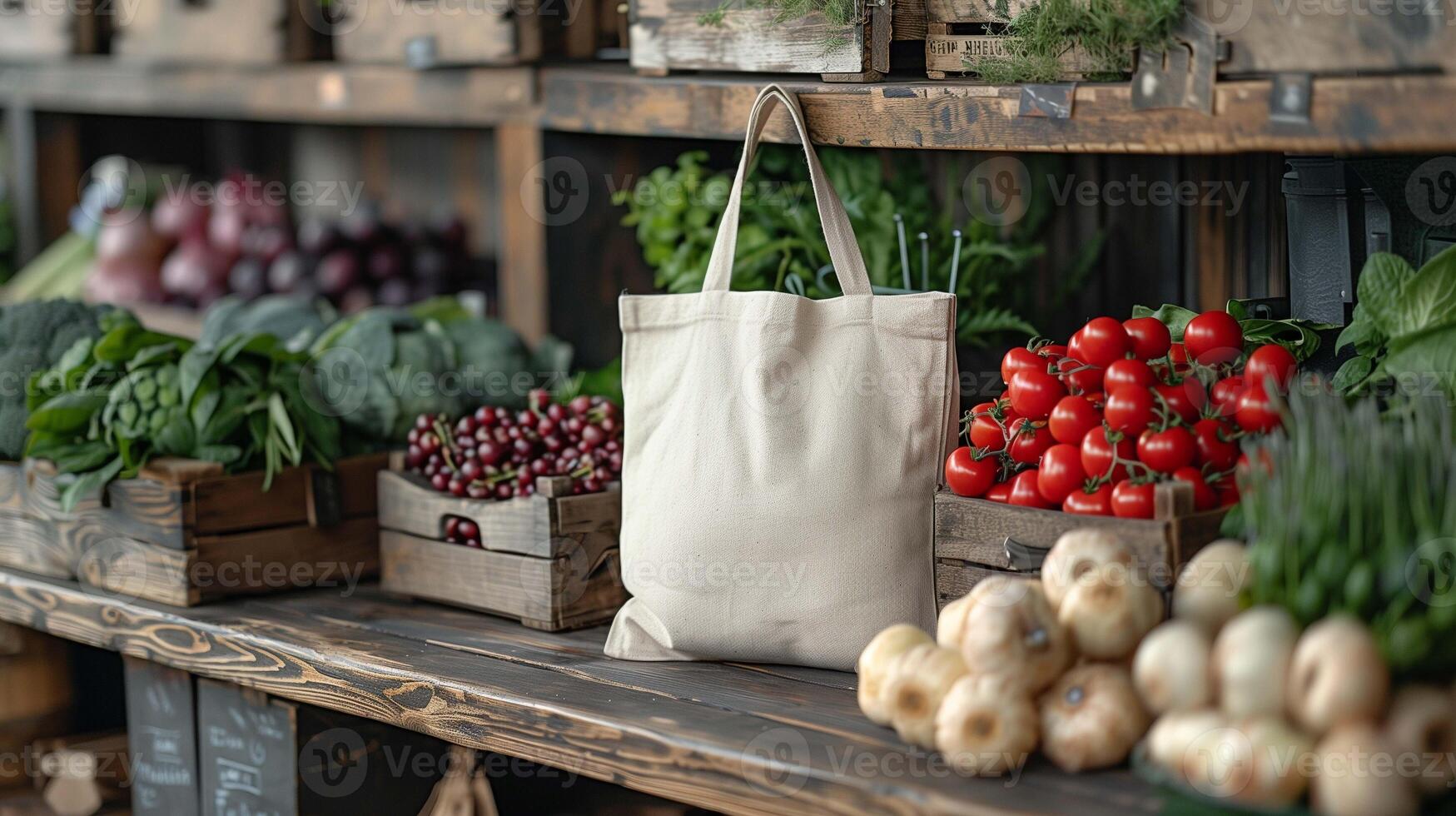 Natural cotton tote bag mockup placed on wooden market shelf with vegetables. Greenery tomatoes cherries. Sustainable totebag template advertising image. Environmental awareness mock up photo