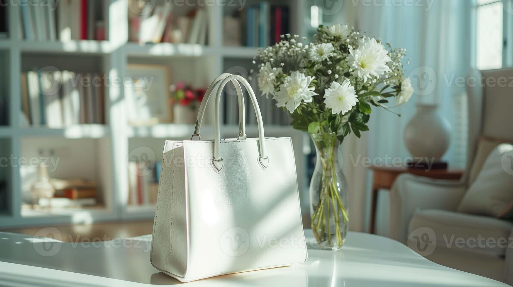 Sophisticated white handbag displayed beside glass vase of fresh chamomiles. Luxury bag template image. Soft sunlight filters through bright room with bookshelf. Accessory mock up photo