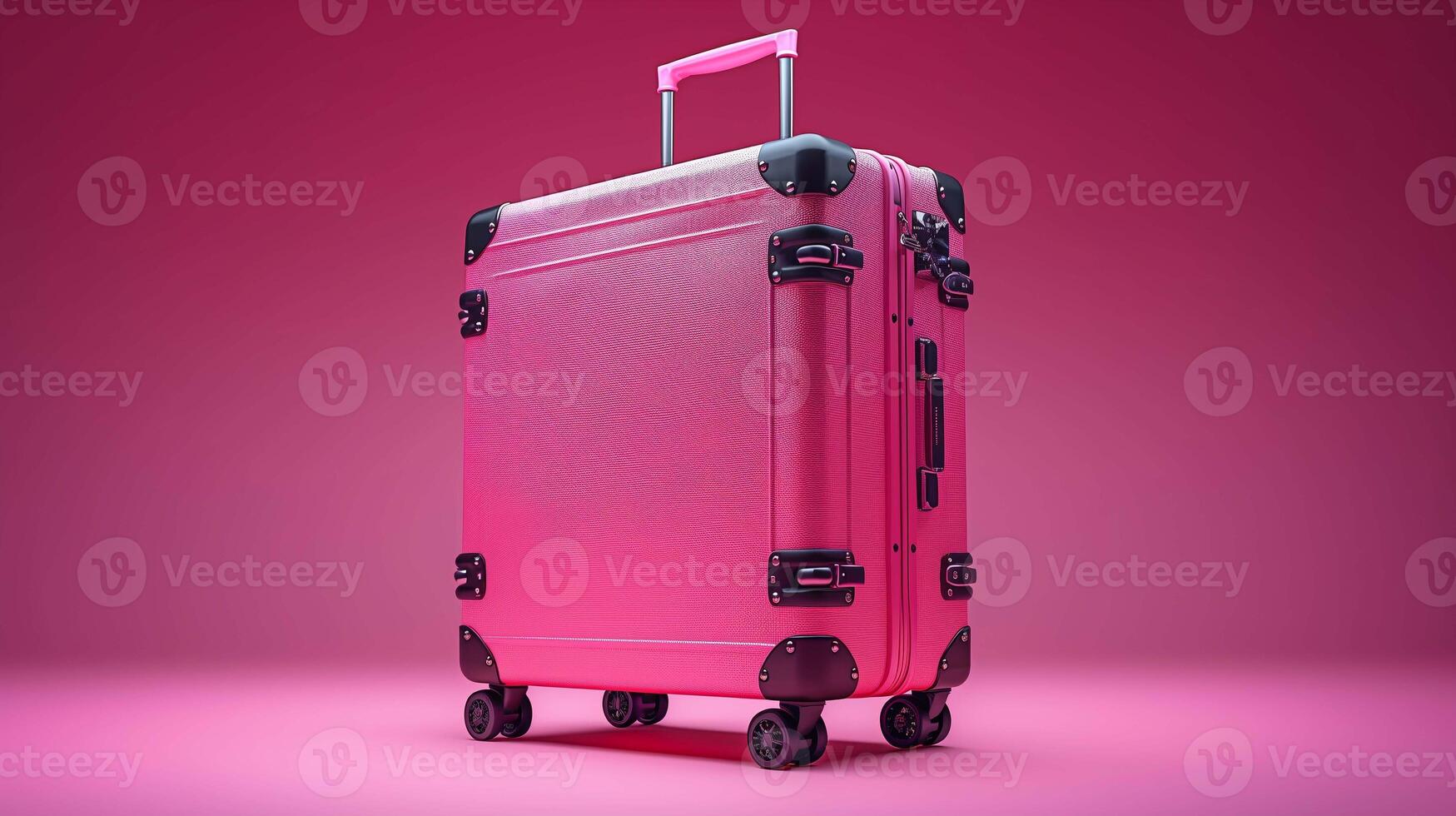 Bold pink suitcase mockup with sturdy corner protectors stands on vibrant background. Sleek reinforced design luggage template advertising image. Trendy bag wheels mock up photorealistic photo