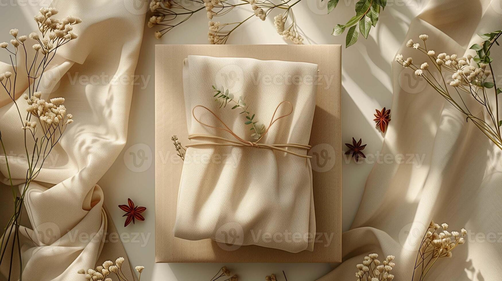 Gift wrapped in beige fabric with eucalyptus and twine accents mockup. Elegantly on box natural presentation template advertising image. Sustainable packaging mock up photorealistic photo