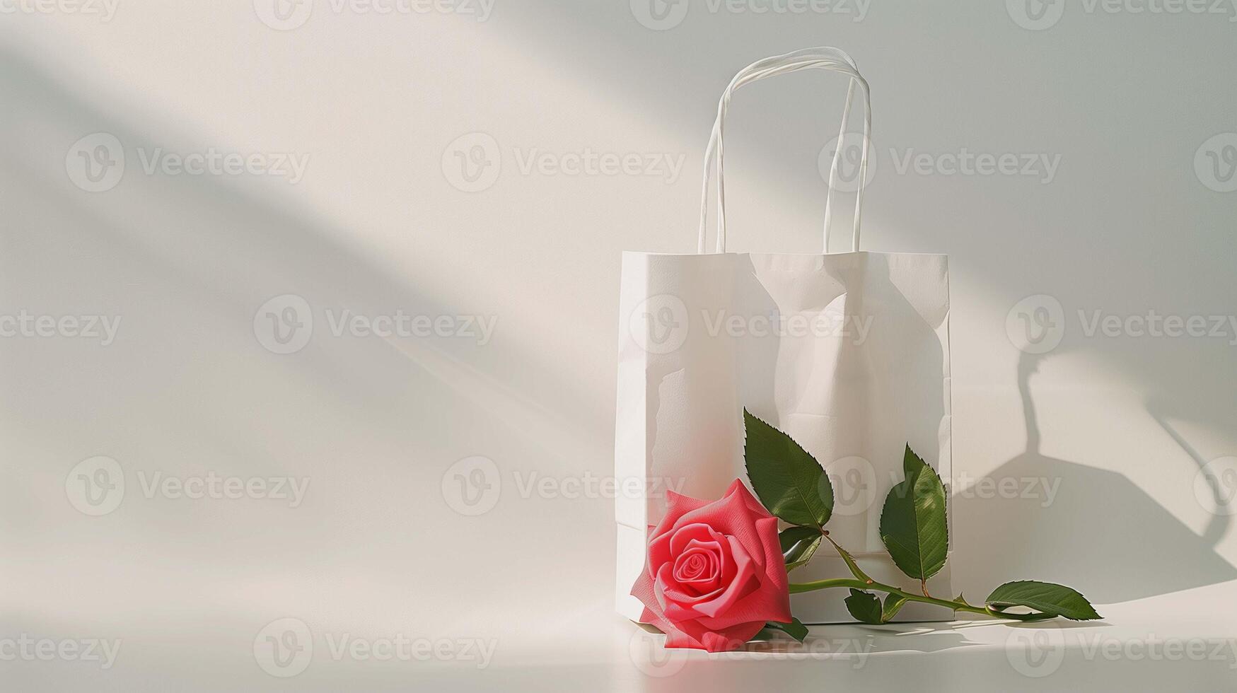 White paper bag mockup with pink rose on minimalist background. Peaceful elegant composition. Romantic paperbag template advertising image. Valentine day mock up product photorealistic photo