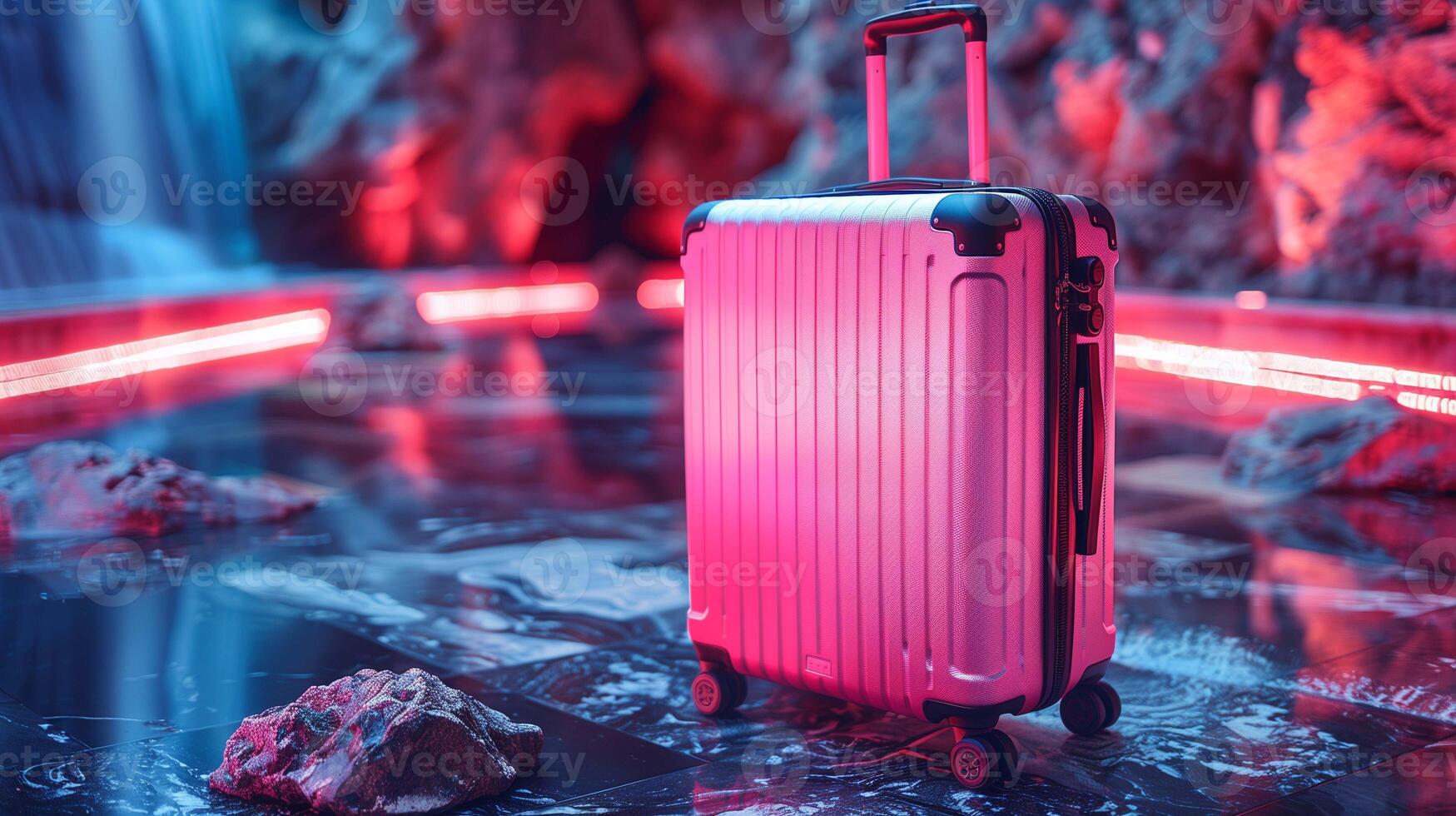 Futuristic travel luggage mockup with neon lights. Sleek silver suitcase stands on marble surface template advertising image. High-tech adventure mock up product photorealistic photo