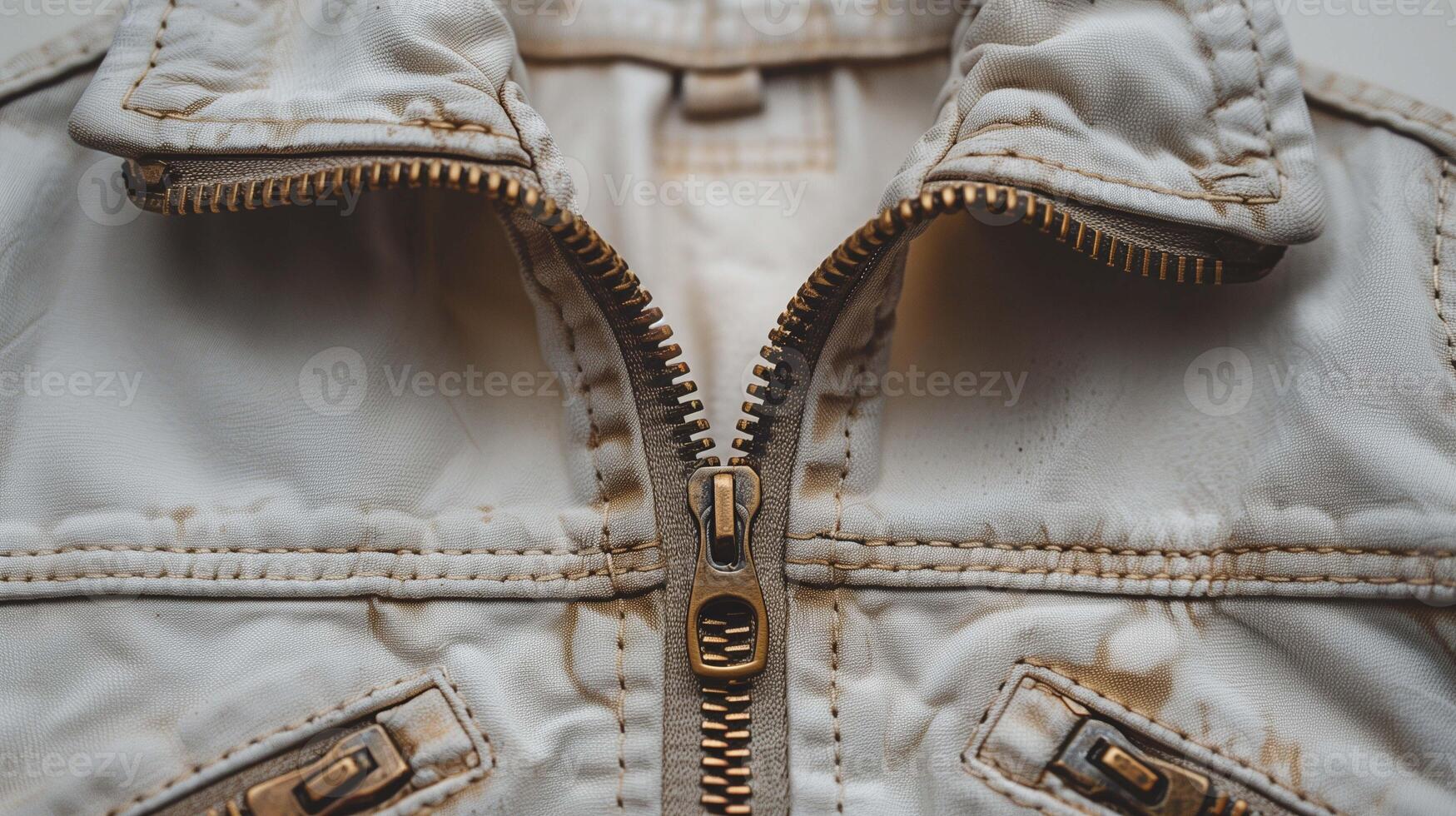 Detailed closeup of weathered jacket zipper image. Highlighting metallic elements and aged fabric close up photography. Worn quality of clothing hardware concept photo realistic
