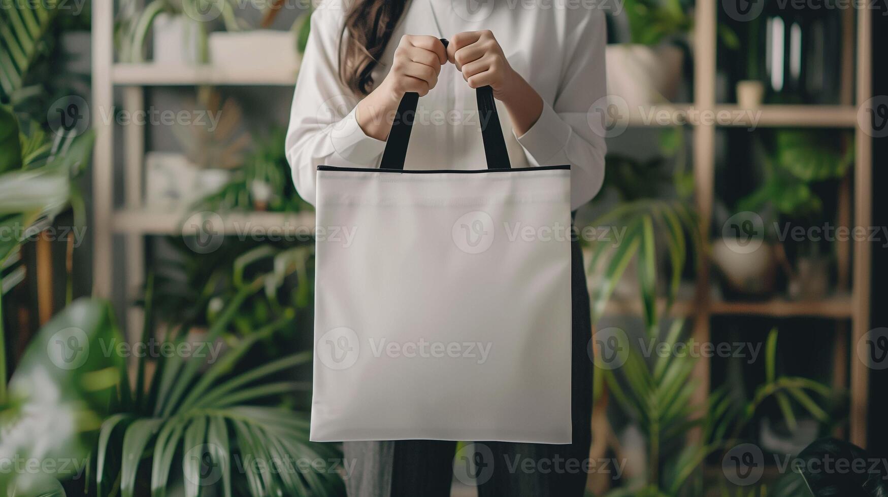Woman holding tote bag mockup with black straps in botanical shelves. Lush greenery totebag template advertising image. Plant decor. Eco-friendly accessory mock up product photorealistic photo