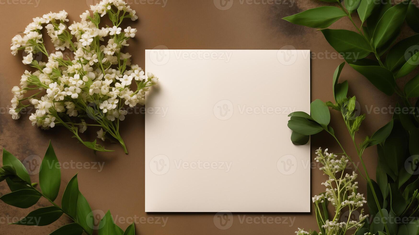 White square card mockup delicate flowers lush green leaves on soft brown backdrop. Invitation, greeting card template advertising image. Floral design mock up product photorealistic photo