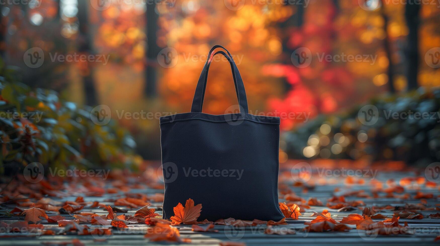 Black tote bag mockup amidst autumn maple leaves in forest path. Seasonal natural atmosphere. Fall aesthetic totebag template advertising image. Cozy shopper mock up photorealistic photo