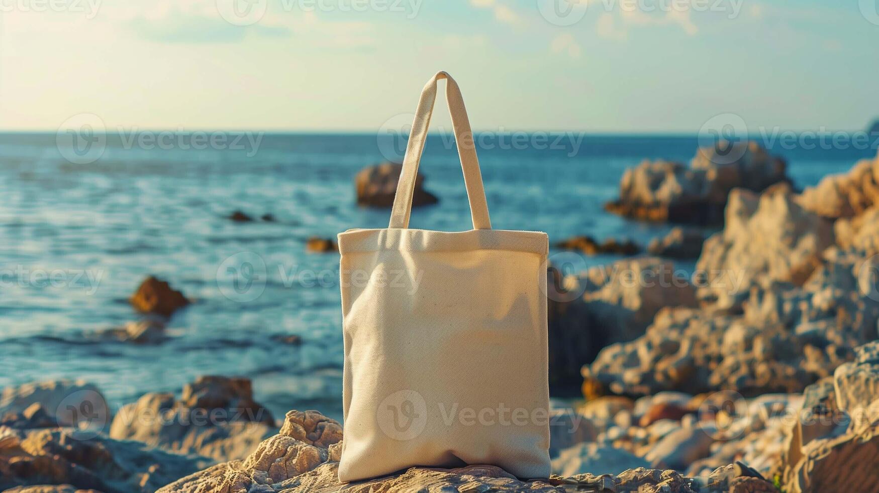 Beige canvas tote bag mockup on rocky shoreline at sunset. Totebag on sunlit rocks near ocean template advertising image. Warm peaceful coastal mock up product photorealistic photo