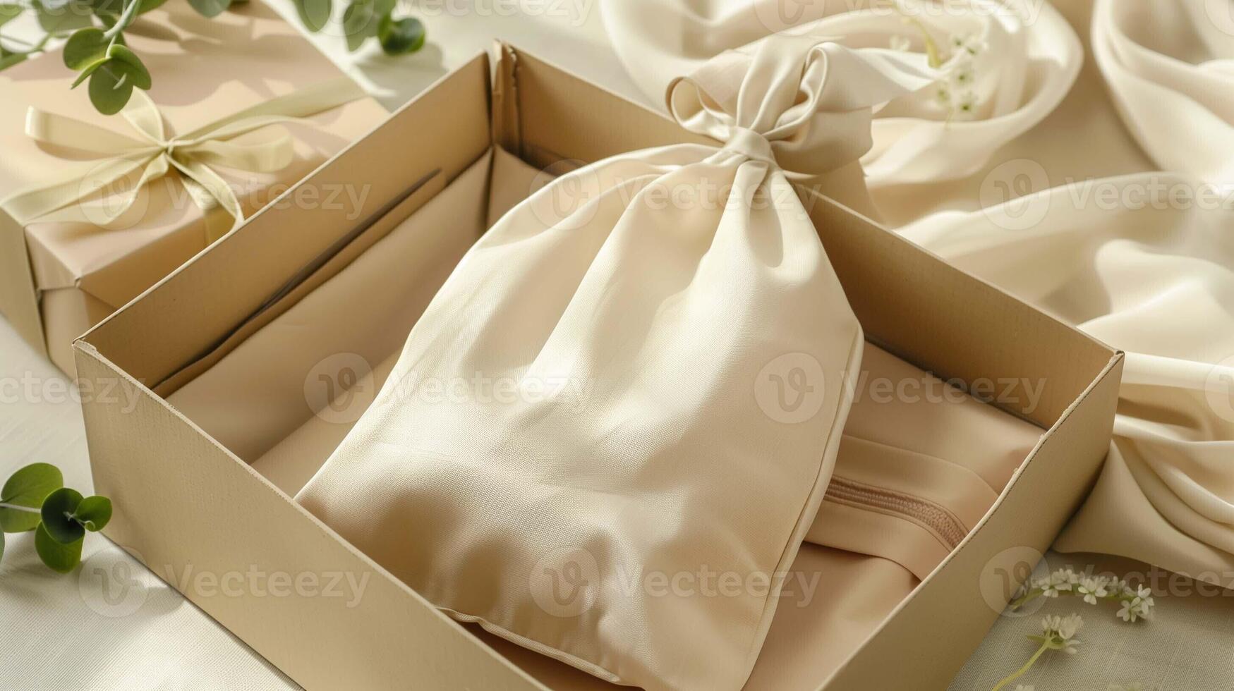 Beige satin drawstring bag mockup elegantly placed in gift box. Surrounded by smooth fabric delicate foliage wrapping template advertising image. Sustainable packaging mock up product photo