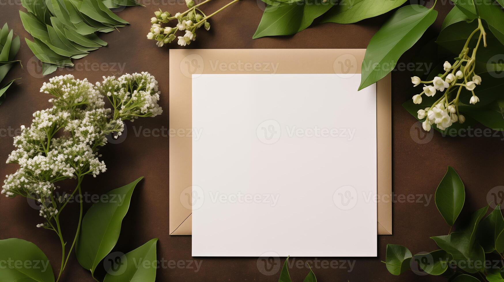 Blank card mockup with white flowers and green leaves on brown surface. Wedding invitation envelope template advertising image. Botanical stationery design mock up product photorealistic photo