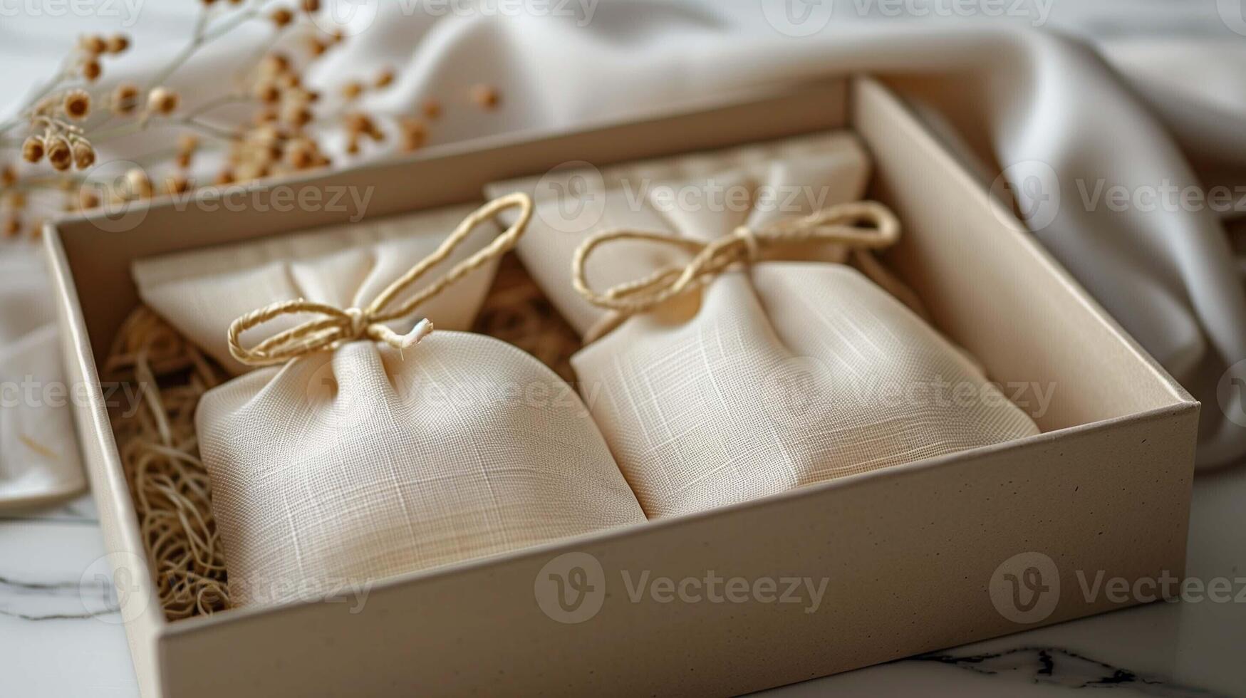 Two beige drawstring bags mockup neatly arranged in kraft gift box tied twine. Delicate dried botanicals organic wrapping template advertising image. Sustainable packaging mock up photo