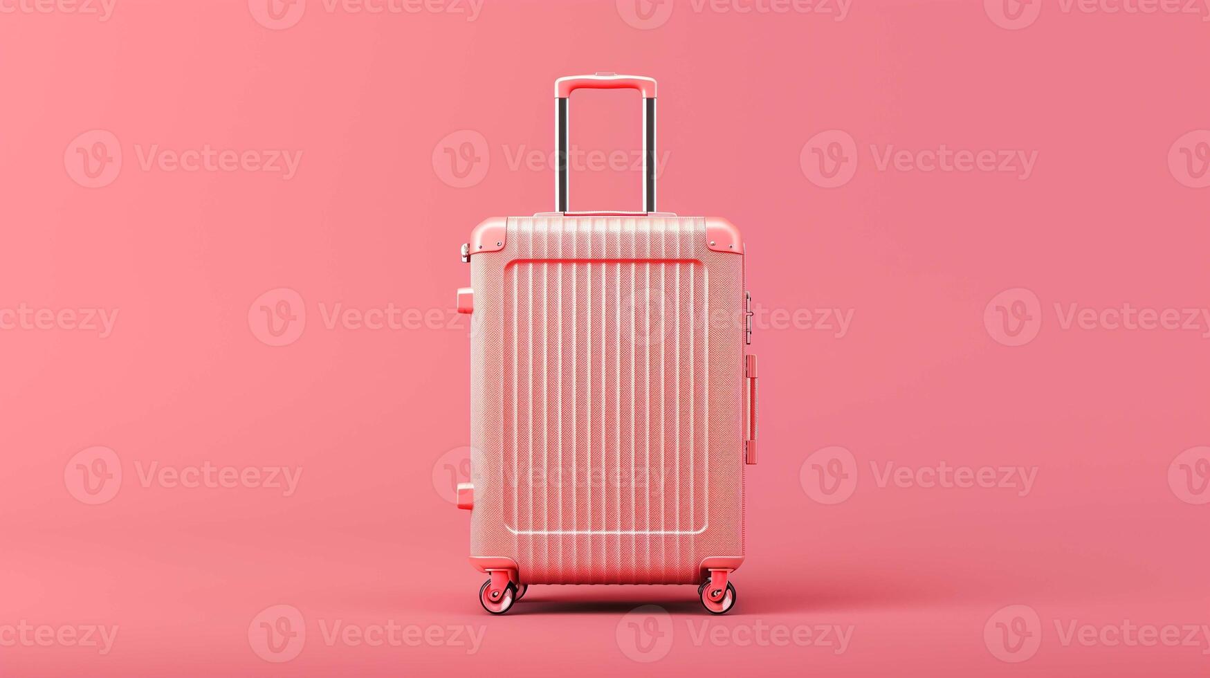 Stylish pastel suitcase mockup showcased against soft pink background. Elegant modern design luggage template advertising image. Harmonious visual mock up product photorealistic photo