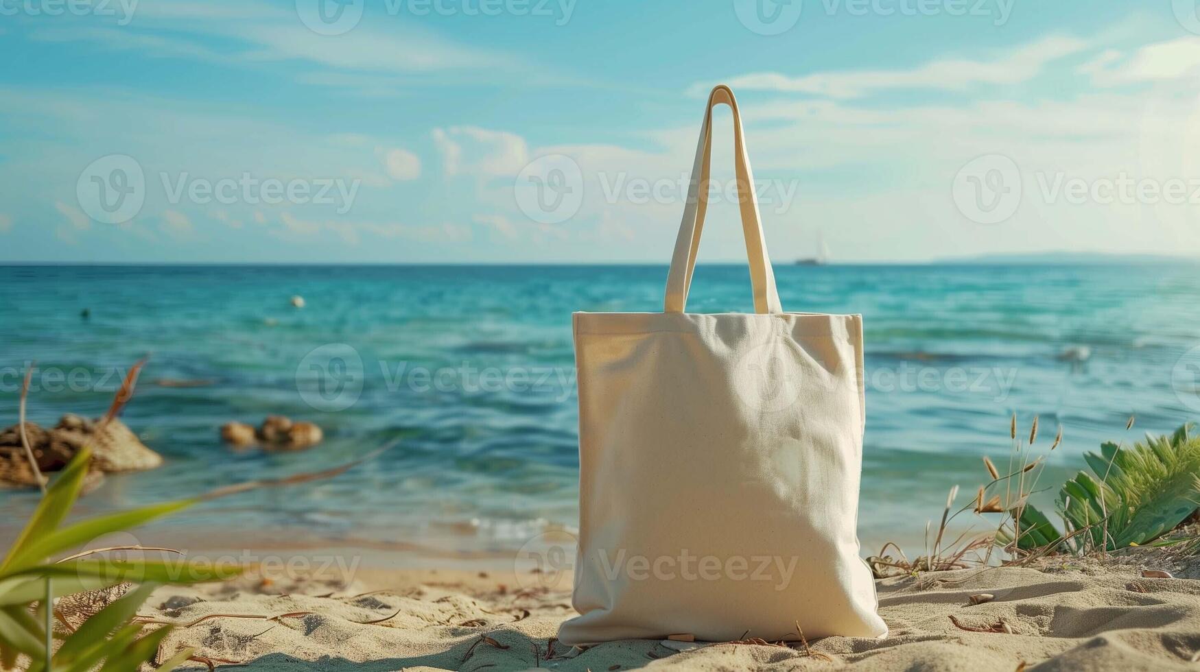 Beige canvas tote bag on dune near ocean with lush greenery calm blue waters. Travel totebag template advertising image. Bright sunny day, tranquil scene mock up product photorealistic photo
