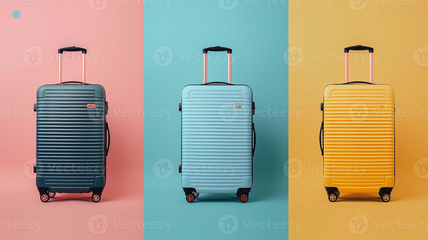 Vibrant display of three suitcases mockup in green, turquoise and yellow. Colorful luggage set template advertising image. Stylish and modern travel vibe mock up product photorealistic photo
