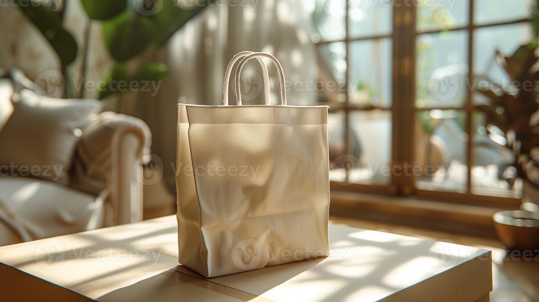 Beige tote bag mockup placed on table bathed in warm sunlight. Elegant modern interior. Neutral tones, soft lighting totebag template advertising image. Eco-friendly bag mock up photo