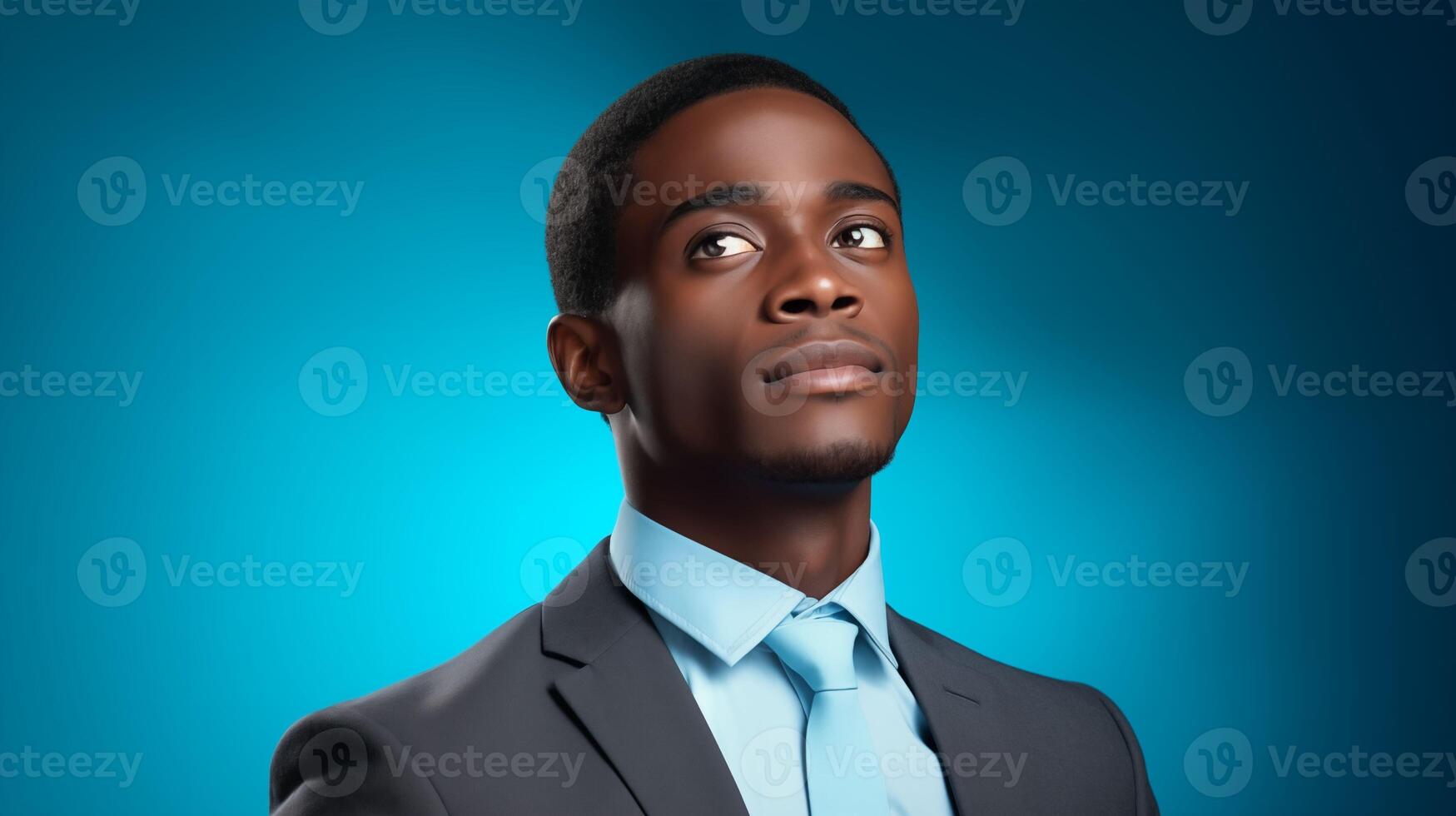Confident black businessman in dark suit and light blue tie portrait image. African american man visionary leader photography studio shot. Vision and aspiration concept photo realistic
