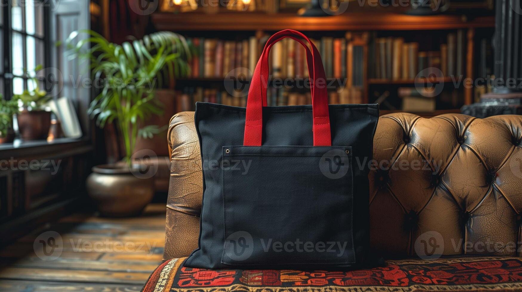 Black tote bag mockup with red handles on leather sofa in classic library room. Surrounded by books and wooden decor totebag template advertising image. Sophisticated shopper mock up photo
