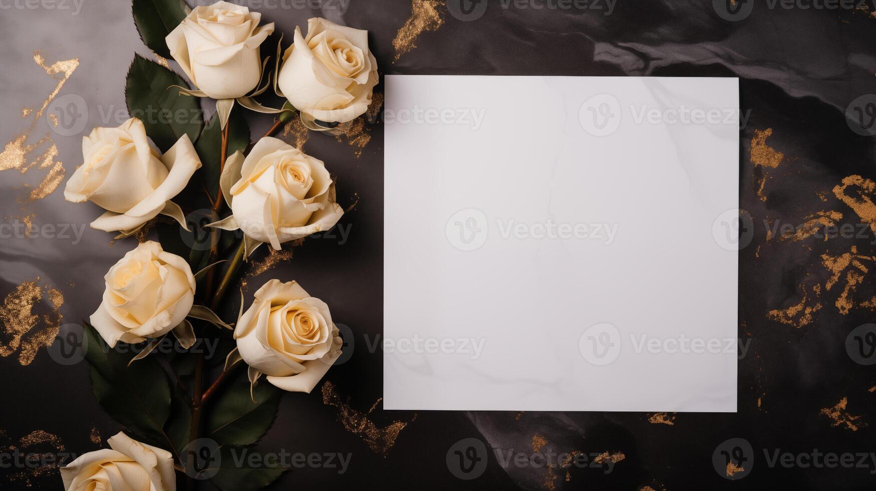 Elegant cream roses arranged beside blank card on luxurious dark marble. High-end invitation template advertising image. Special event. Floral announcement mock up product photorealistic photo
