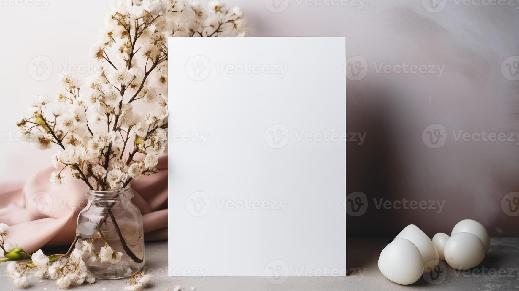 Blank card mockup with delicate cotton flowers in glass jar and soft lighting. Calm floral template advertising image. Minimalistic nature-themed mock up product photorealistic photo