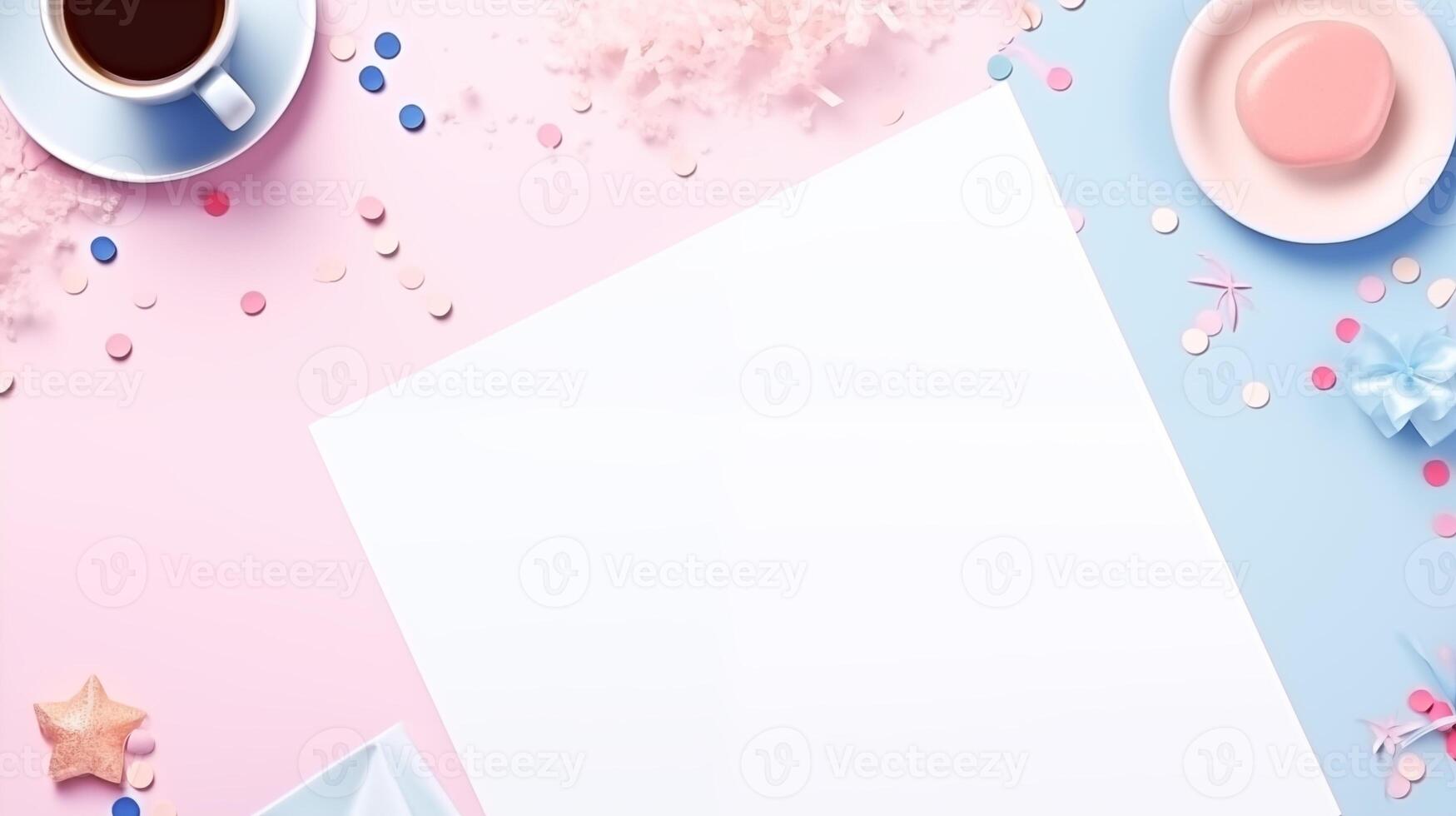 Coffee and blue pink decor with confetti on pastel surface paper mockup. Sweet vibes macaron coffeecup template advertising image. Festive and delicate mock up product photorealistic photo