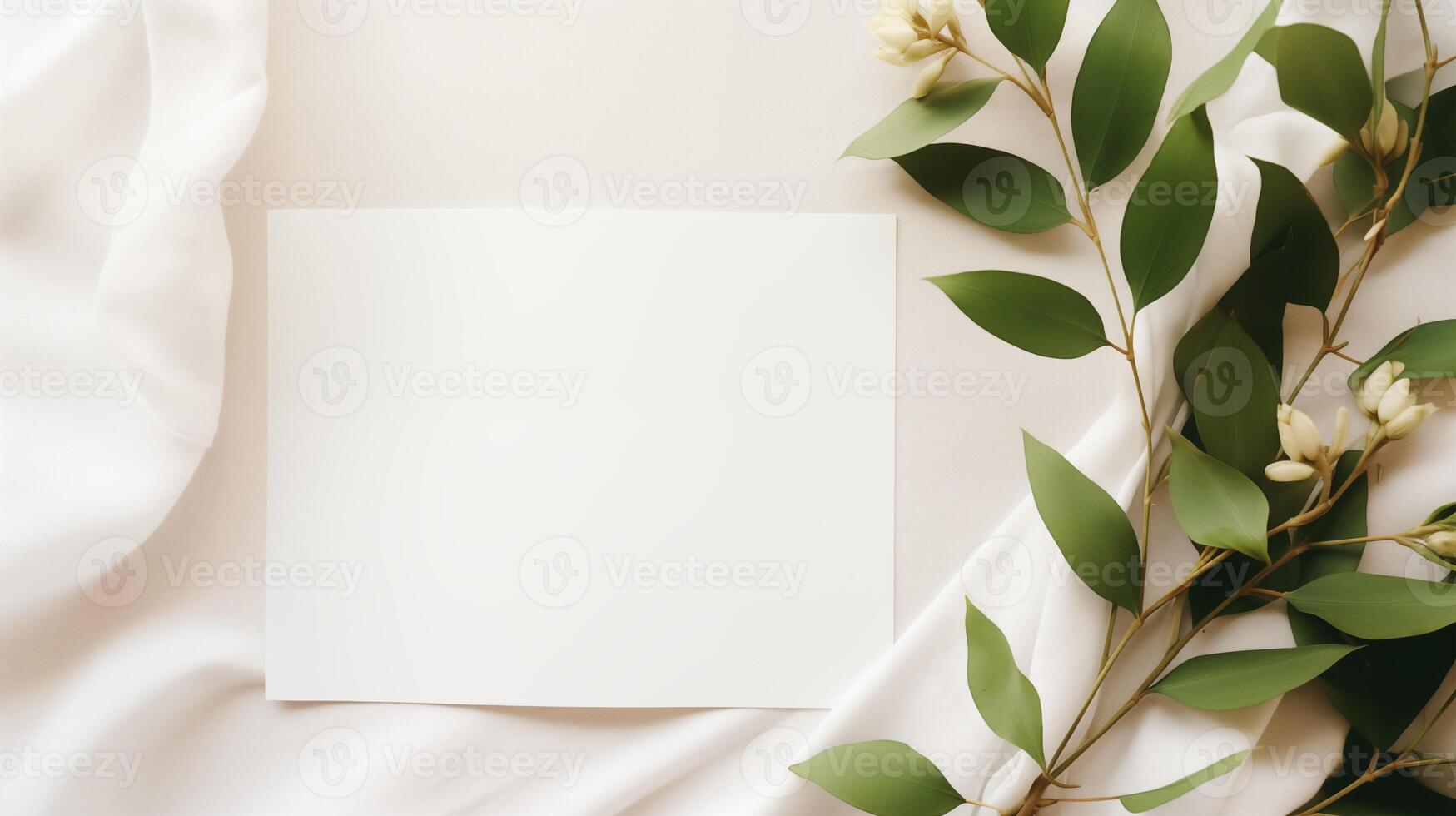 Blank paper mockup against soft white fabric framed by green leaves small flowers. Nature-inspired elegant invitation template advertising image. Stationery mock up photorealistic photo