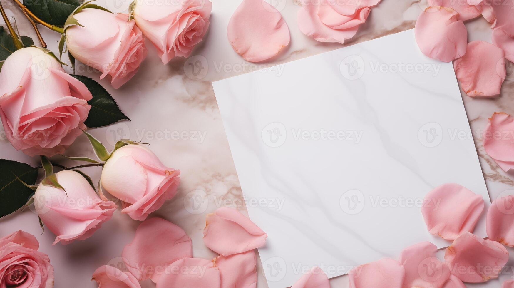Pink roses and scattered petals surround blank card on marble-textured surface. Romantic invitation, greeting card template advertising image. Announcement mock up product photorealistic photo